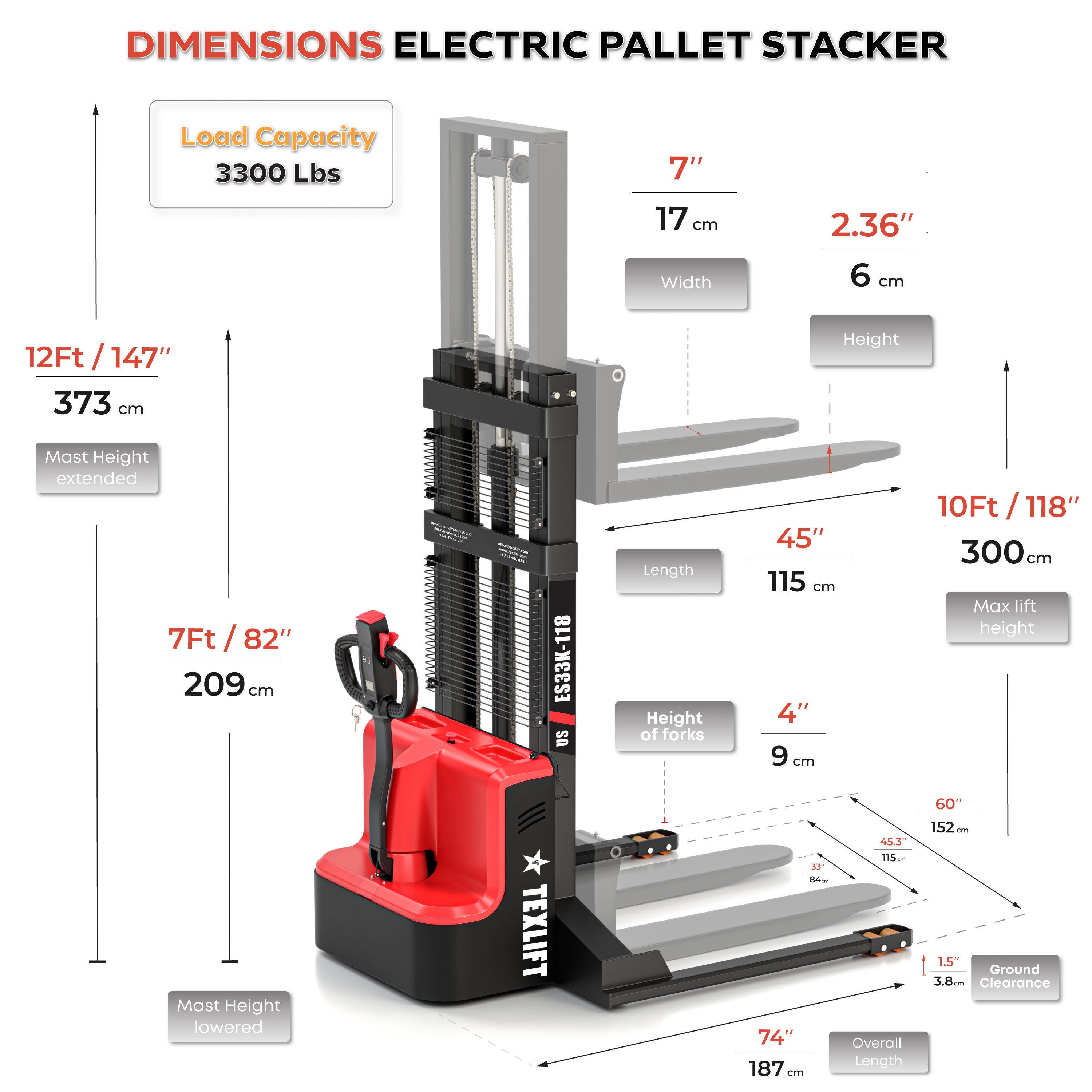 Electric Walkie Pallet Stacker – 10ft (118 inch) Lift, 3300 lbs Capacity, Fixed Straddle Legs