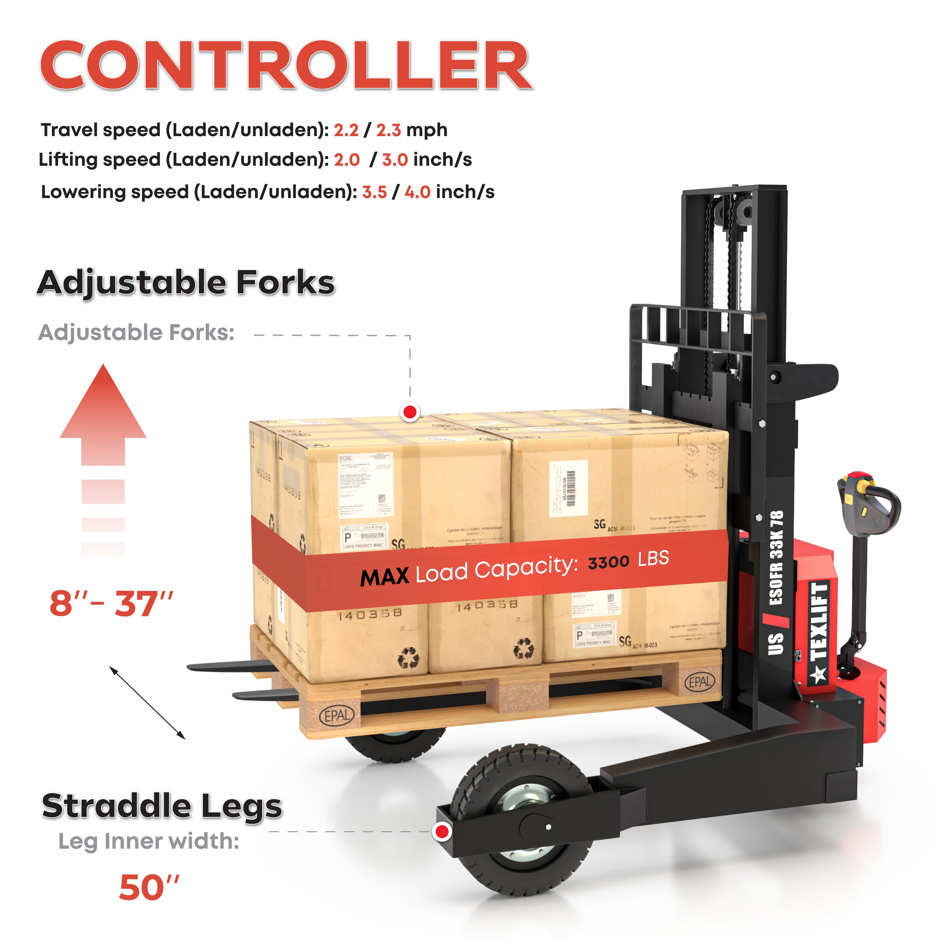 US-ESOFR33K 78 Offroad Electric Stacker – 3,300 lb Capacity, 78″ Lift, Solid Tires - TEXLIFT