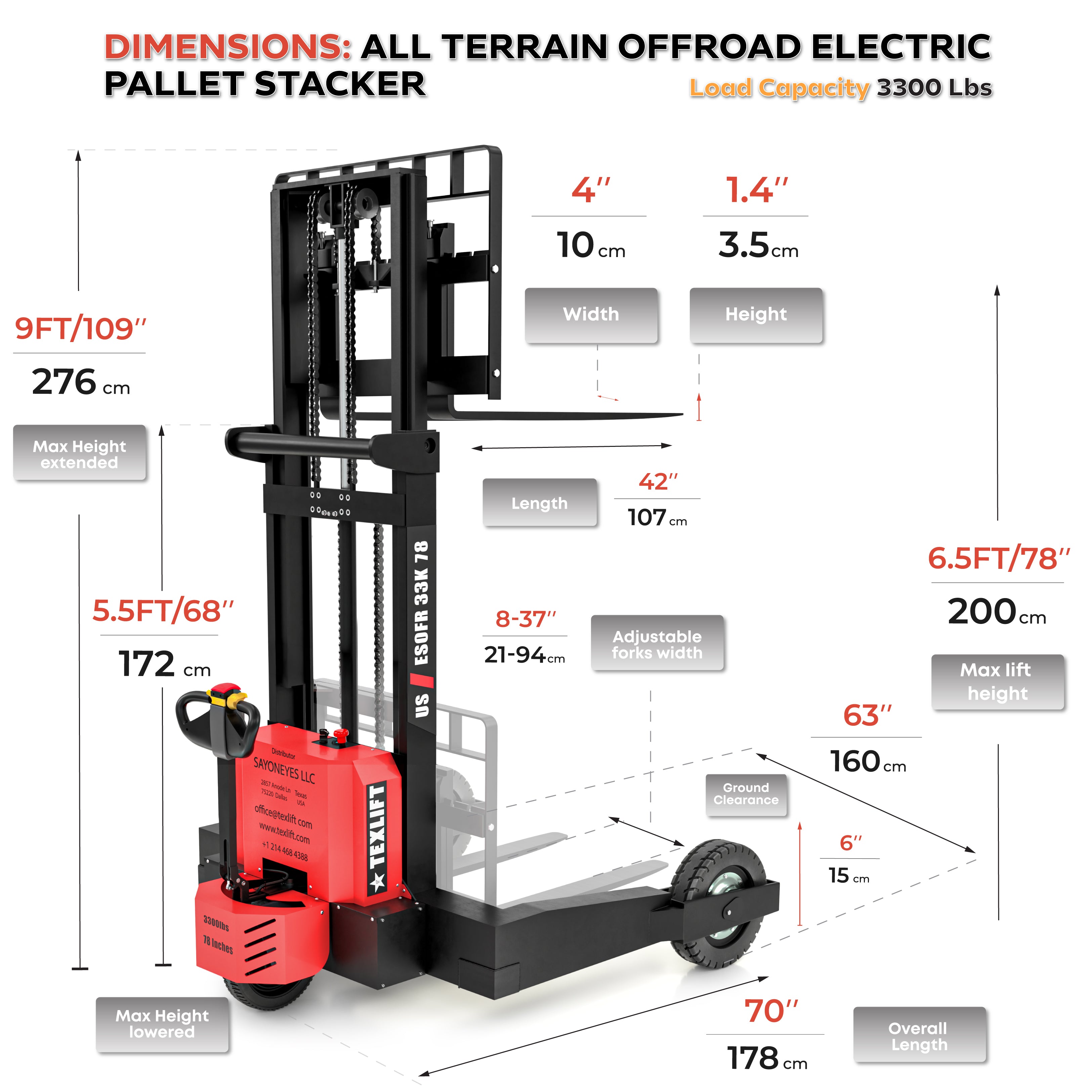US-ESOFR33K 78 Offroad Electric Stacker – 3,300 lb Capacity, 78″ Lift, Solid Tires - TEXLIFT