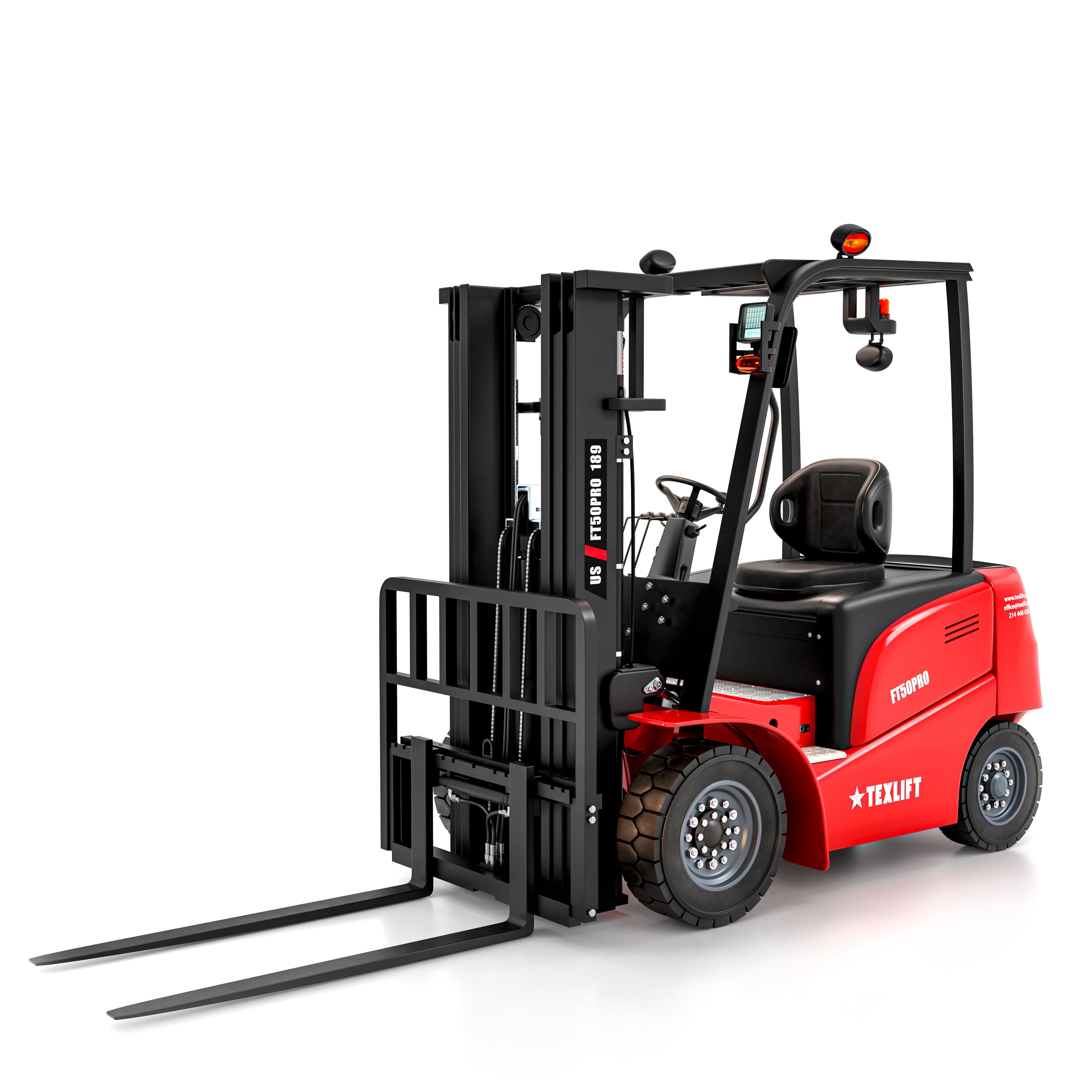 Red and black forklift on a white background