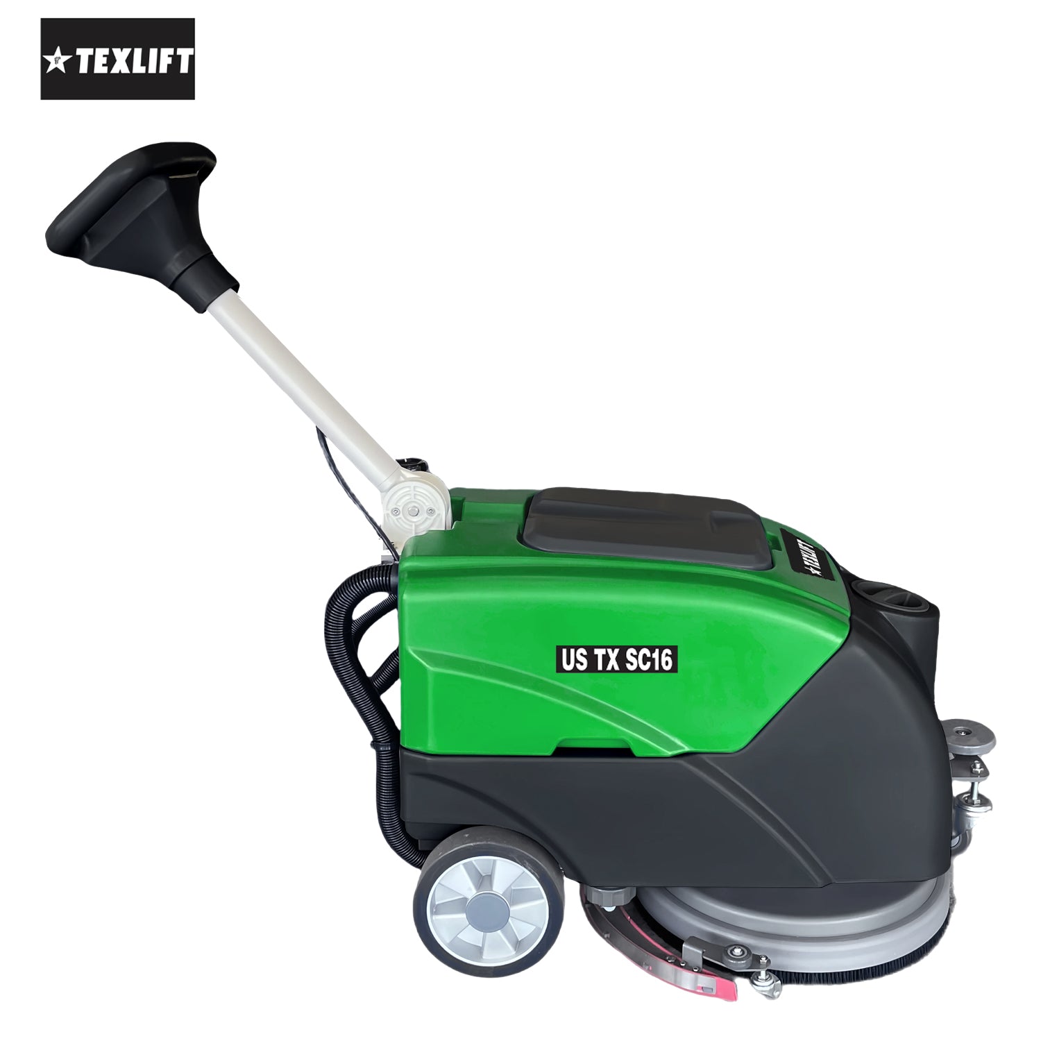 Green and black floor cleaning machine with Texlift branding on a white background