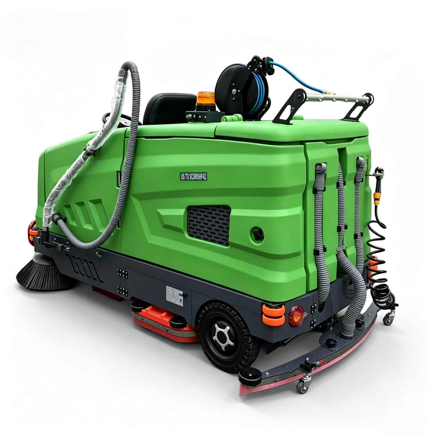 57" Ride-On Industrial Floor Sweeper & Scrubber with High-Pressure Washer & Suction Hose | US-TX SCSWHP42