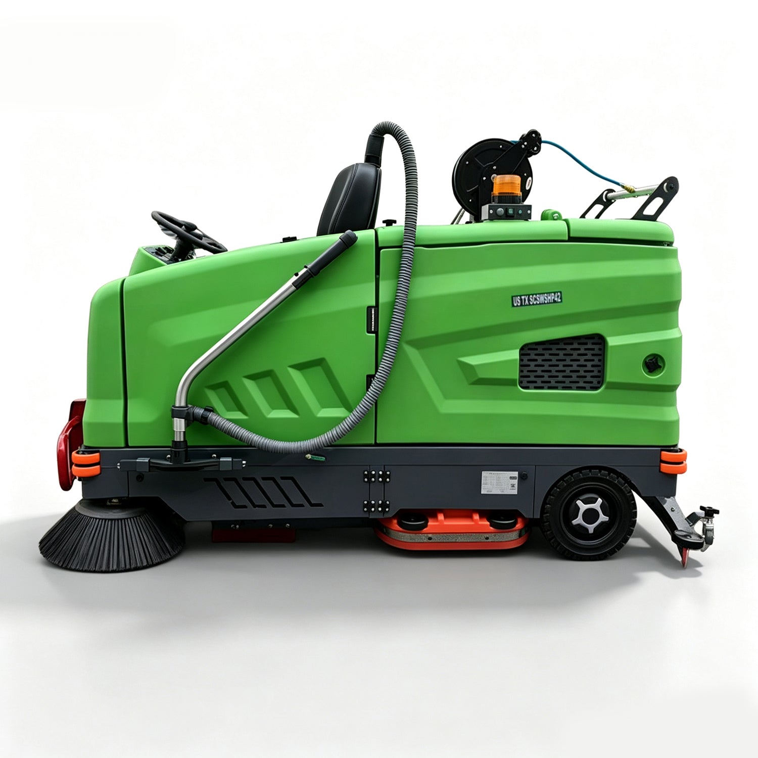 57" Ride-On Industrial Floor Sweeper & Scrubber with High-Pressure Washer & Suction Hose | US-TX SCSWHP42