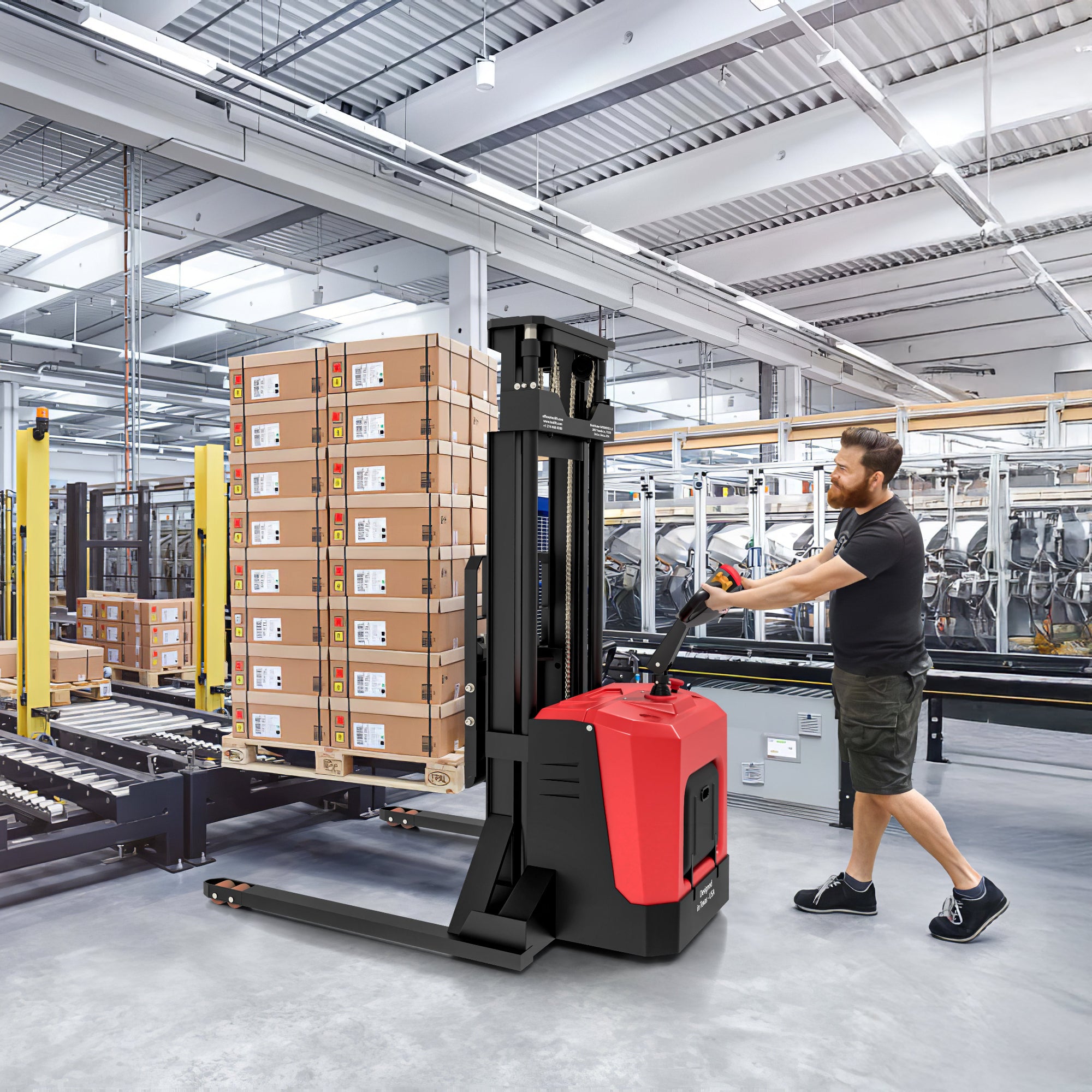 Person operating a red forklift in a warehouse with stacked boxes.