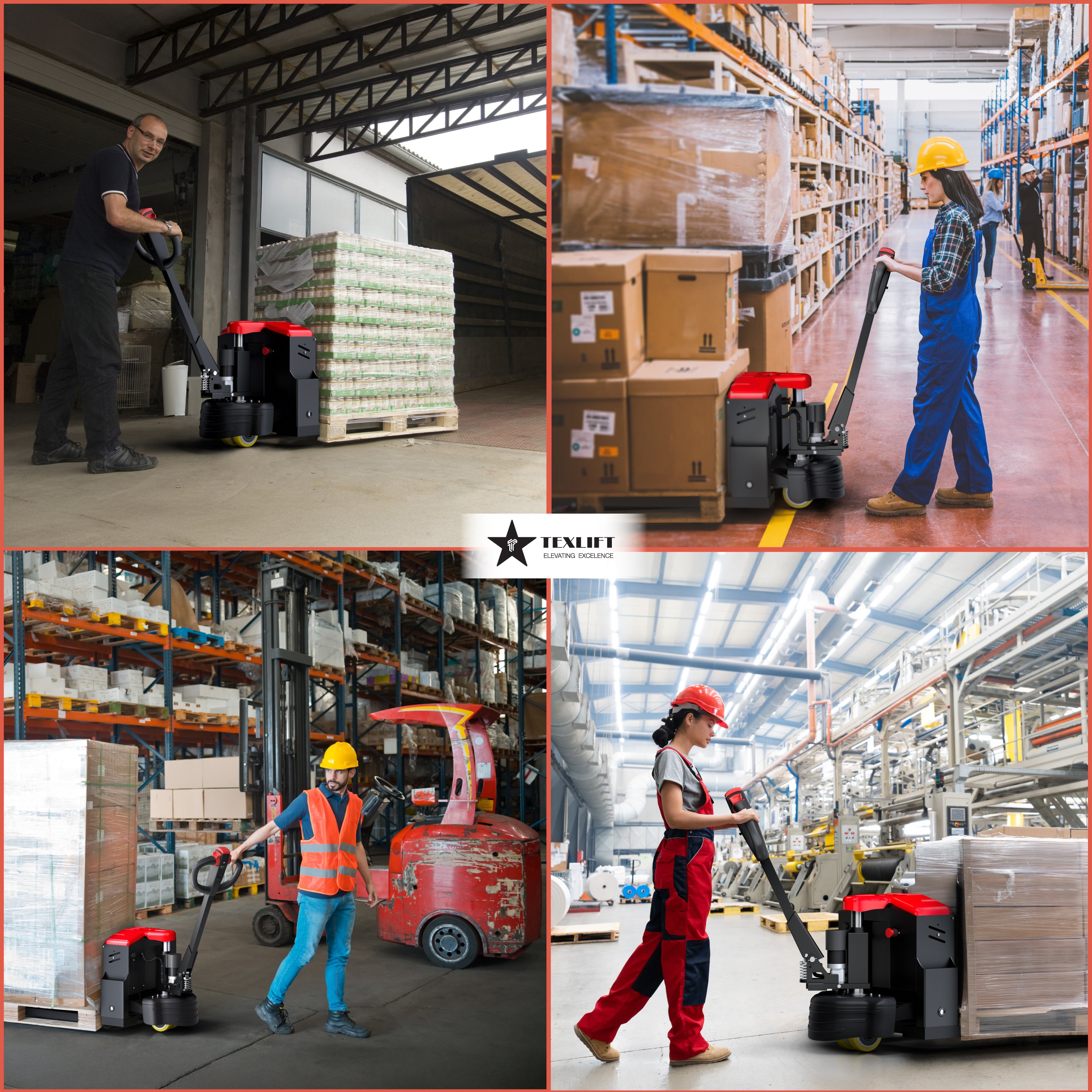 Collage of workers using forklifts and pallet jacks in a warehouse setting.