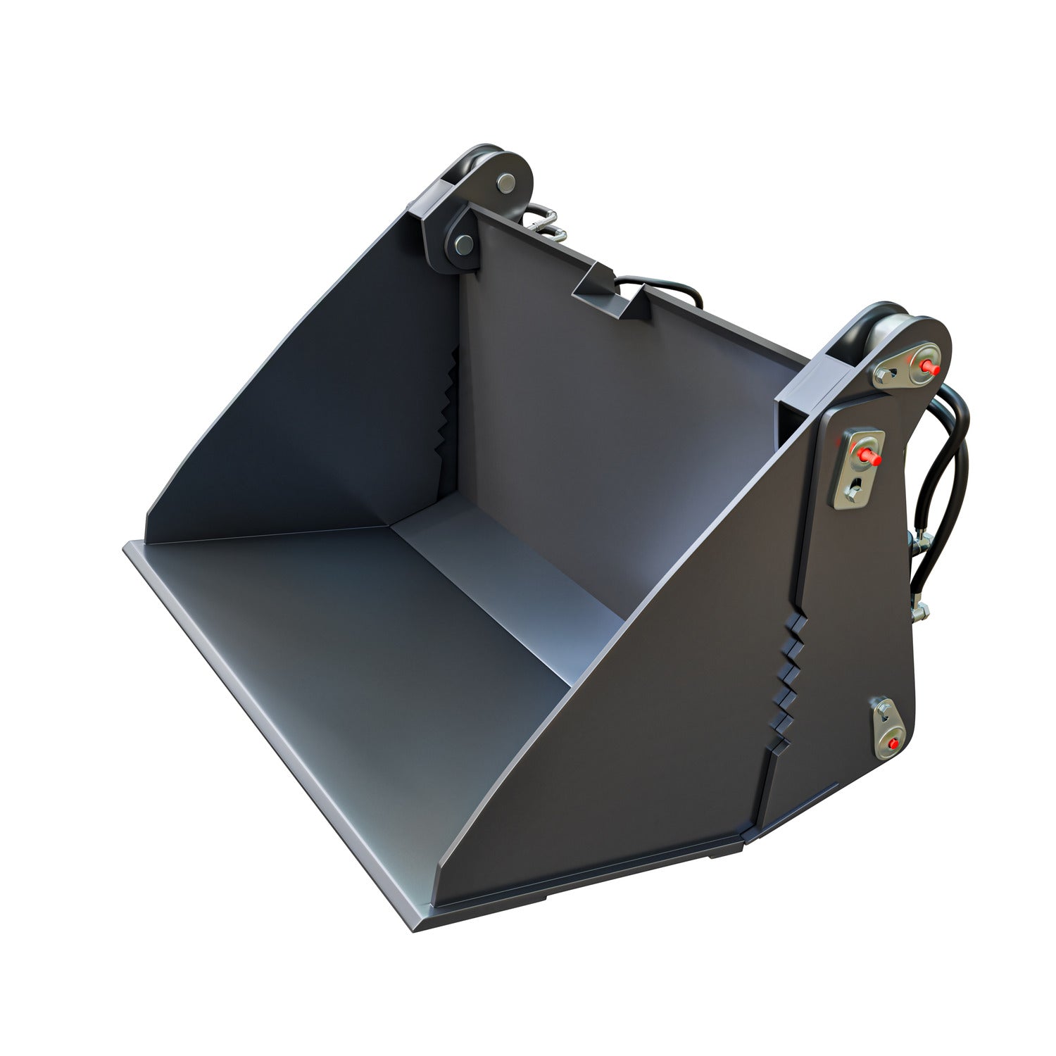A black 4-in-1 metal bucket attachment for electric wheel loaders, featuring quick hitch compatibility hardware.