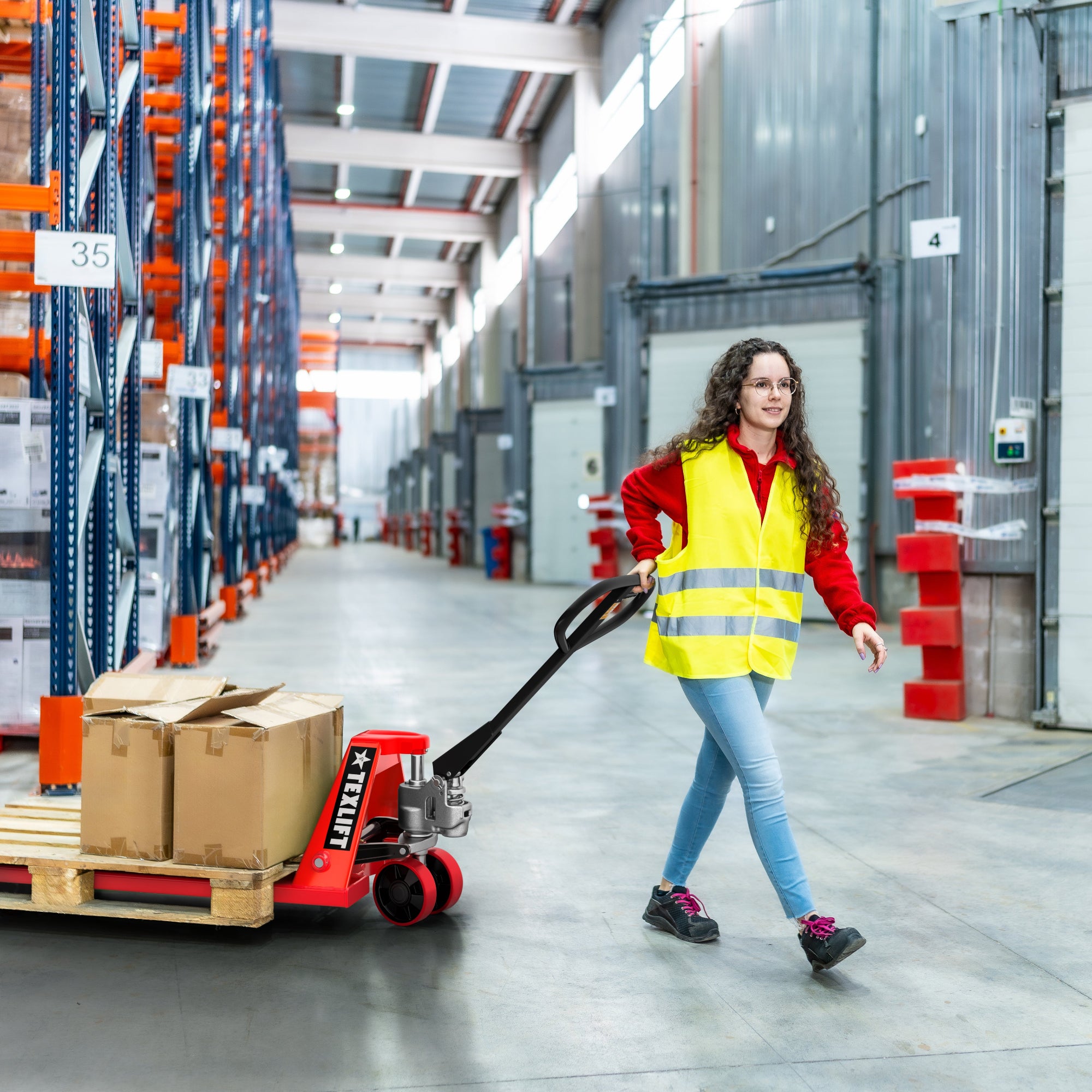 Person in a warehouse pushing a pallet truck with boxes, wearing a high-visibility vest.