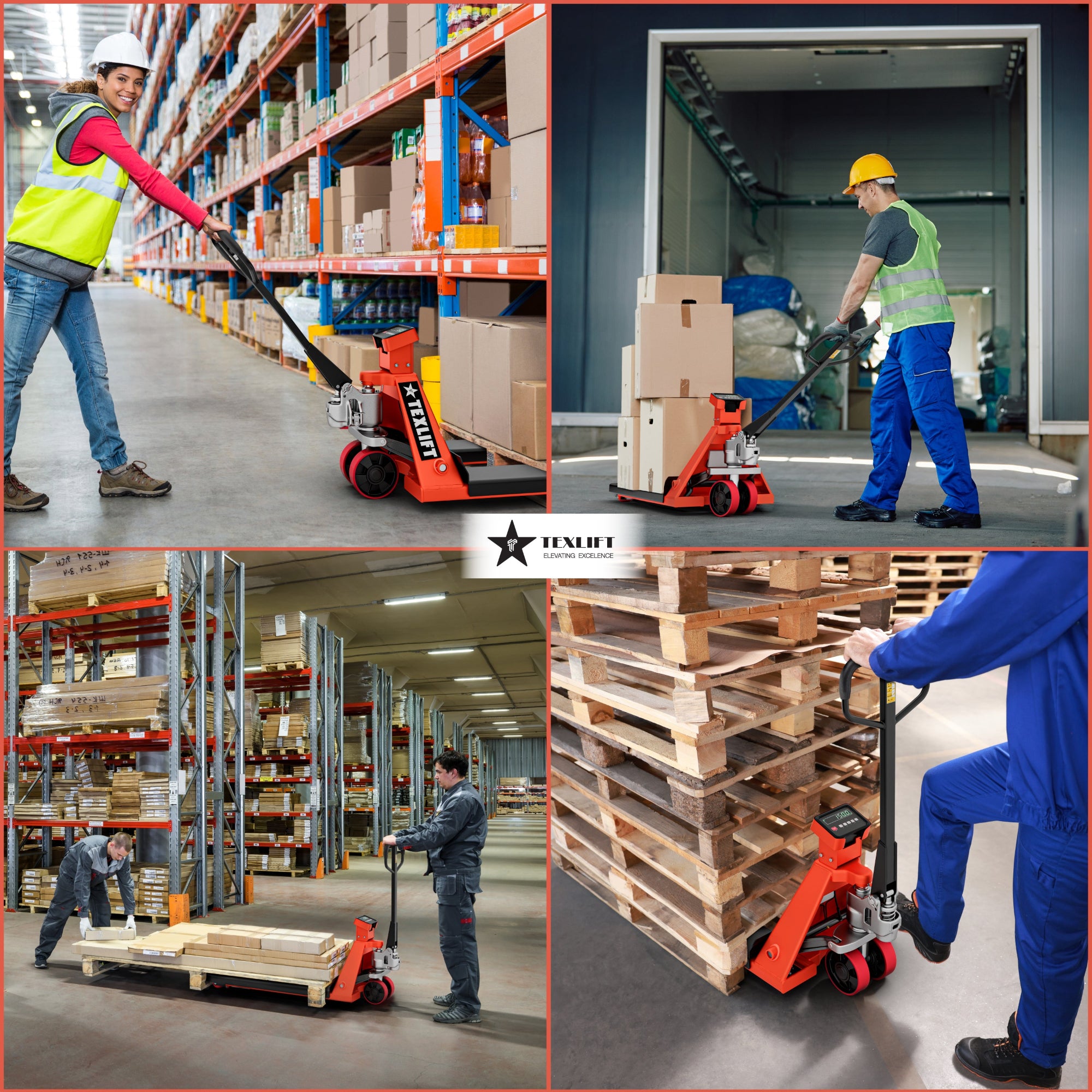 Collage of workers using a pallet jack in a warehouse setting.