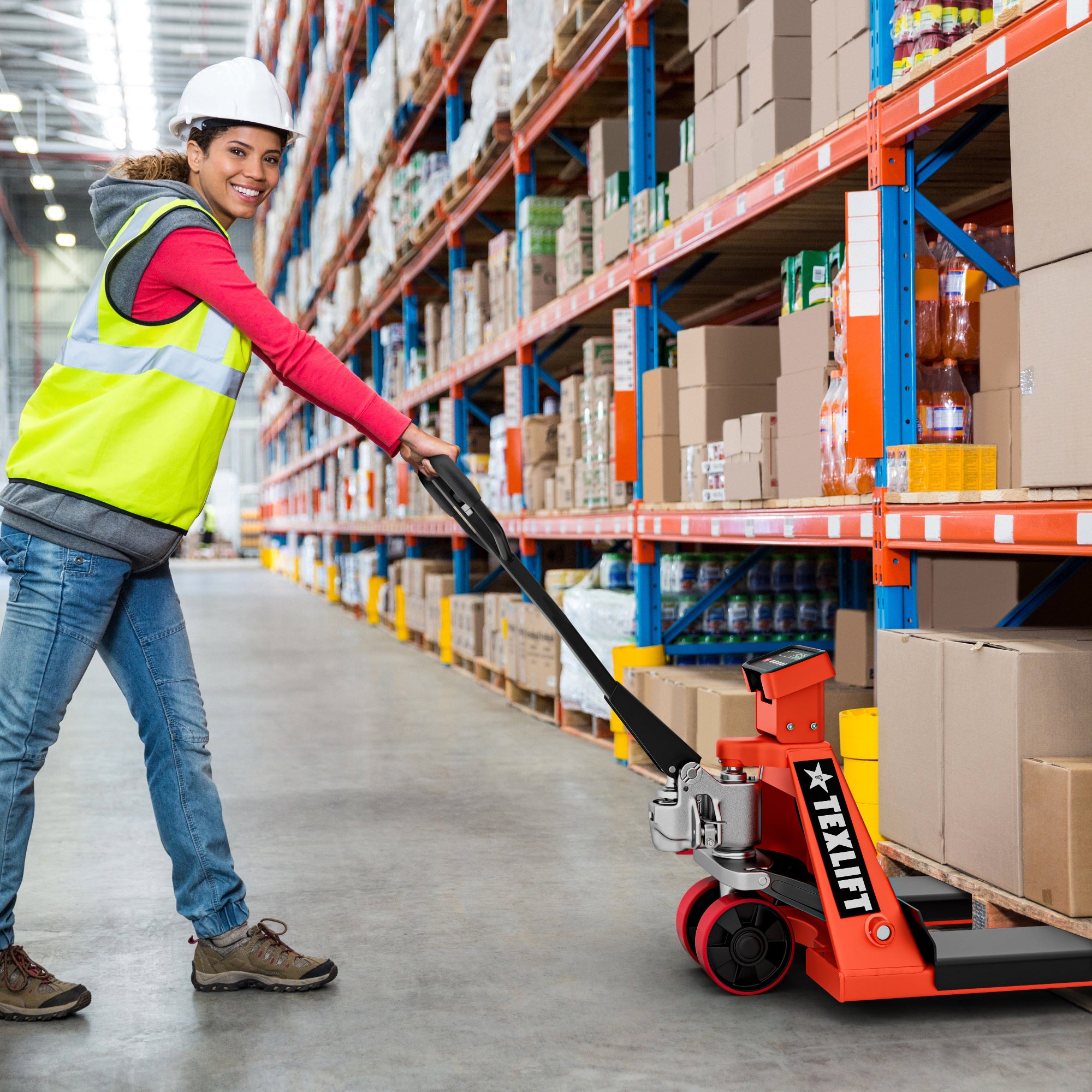 Person using a pallet jack in a warehouse setting