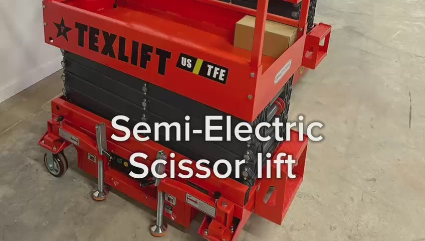 New semi-electric scissor lift with an efficient lifting mechanism for warehouse and construction use.