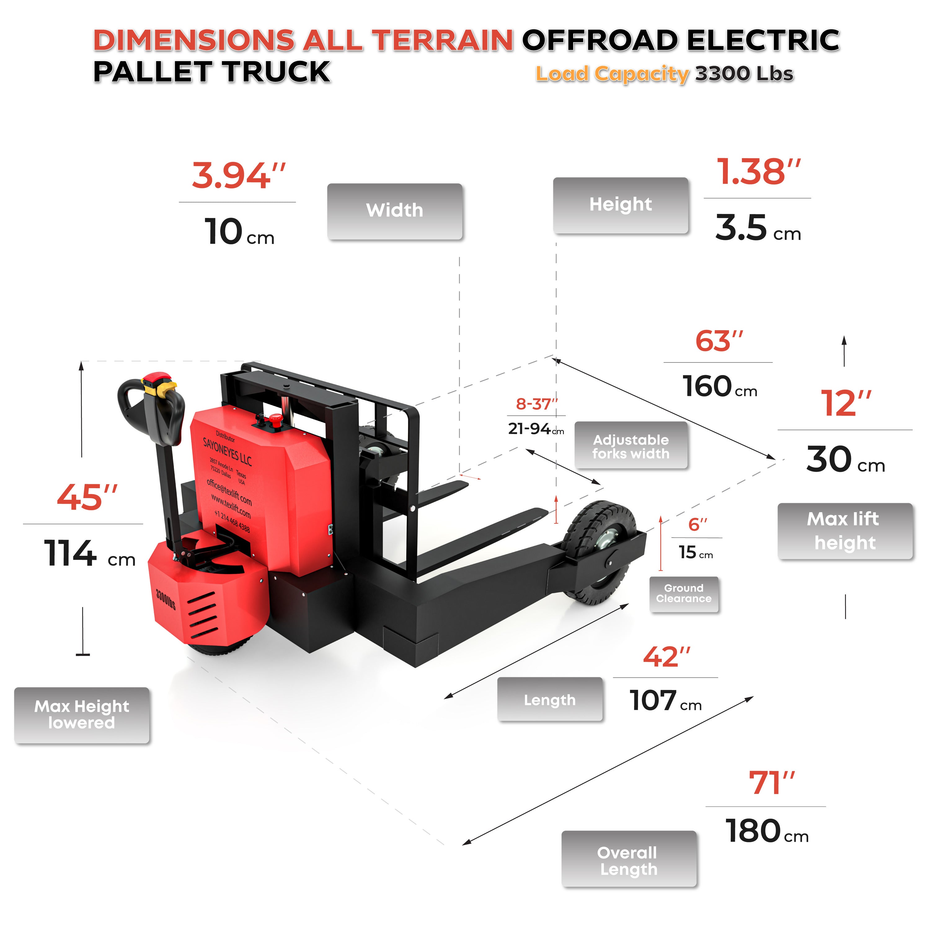 All-terrain off-road electric pallet truck with dimensions labeled on a white background