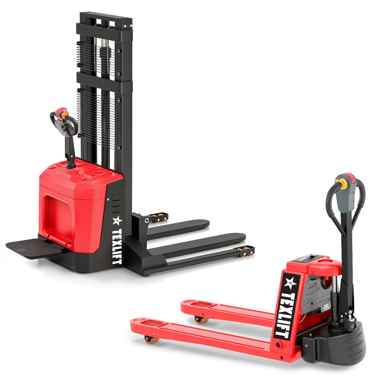 Full Electric Pallet Stacker with Leg Stand (118” Lift) & Pallet Truck – 3300Lbs Capacity