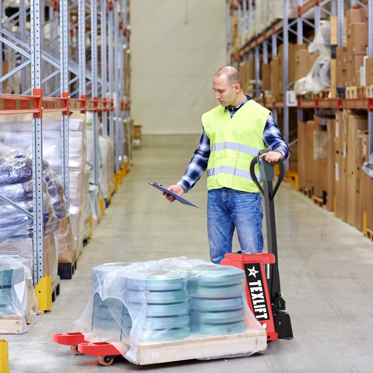 3300Lbs Capacity Electric Pallet Truck with Extra Plug-in 48V/15Ah Lithium Battery – High-Capacity, Long-Lasting Power