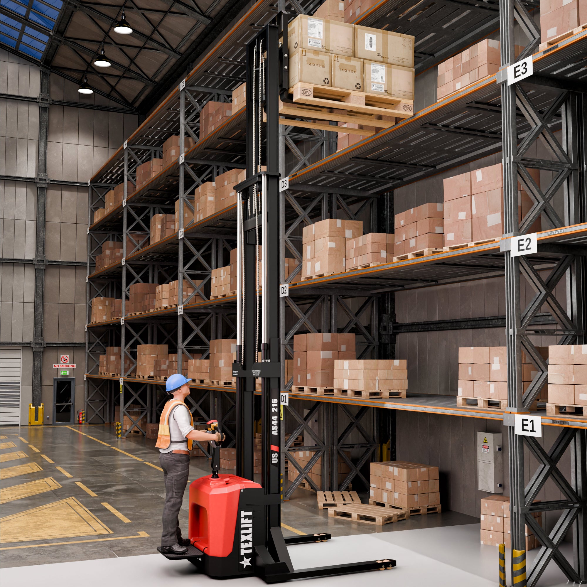 Worker operating a forklift in a warehouse with shelves filled with boxes.