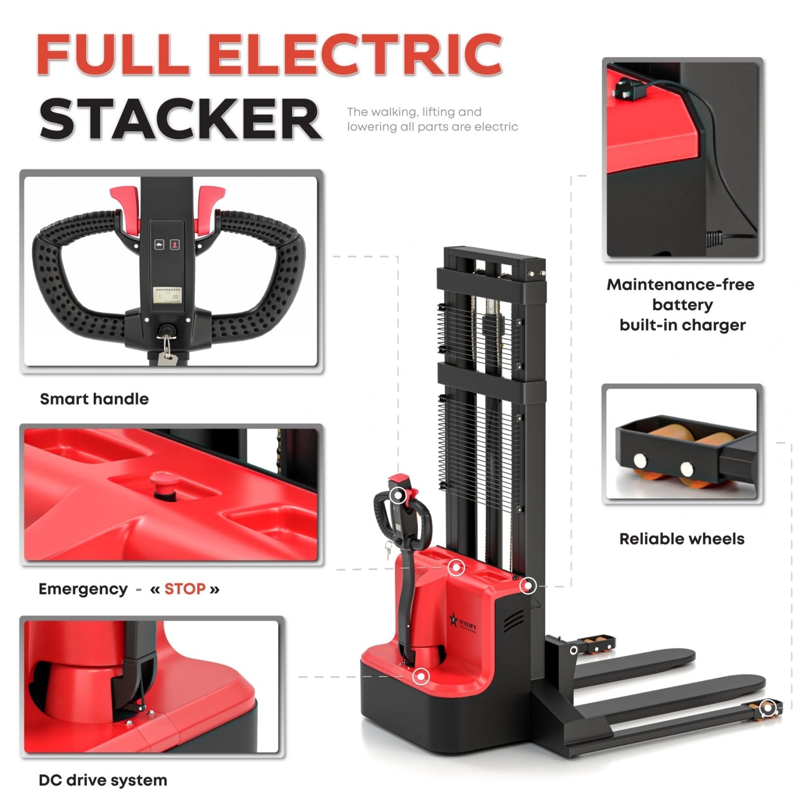 3300 LBS Capacity, 8ft (98 inch) Lift Full Electric Pallet Stacker with Straddle Legs - TEXLIFT