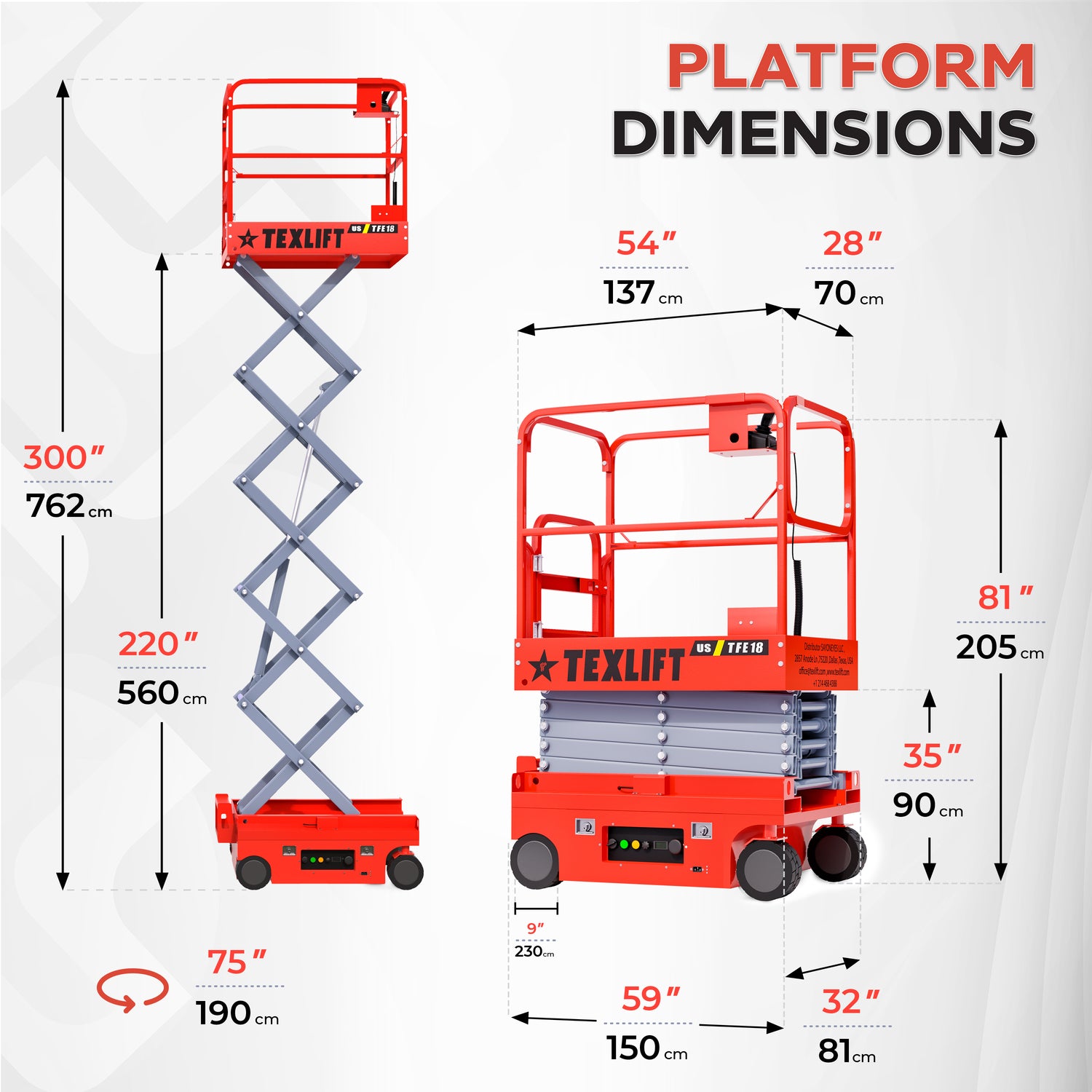 18ft (216 inch) Height Full Electric Scissor Lift – 440 LBS Capacity | Compact & High-Performance US-TFE18 - TEXLIFT