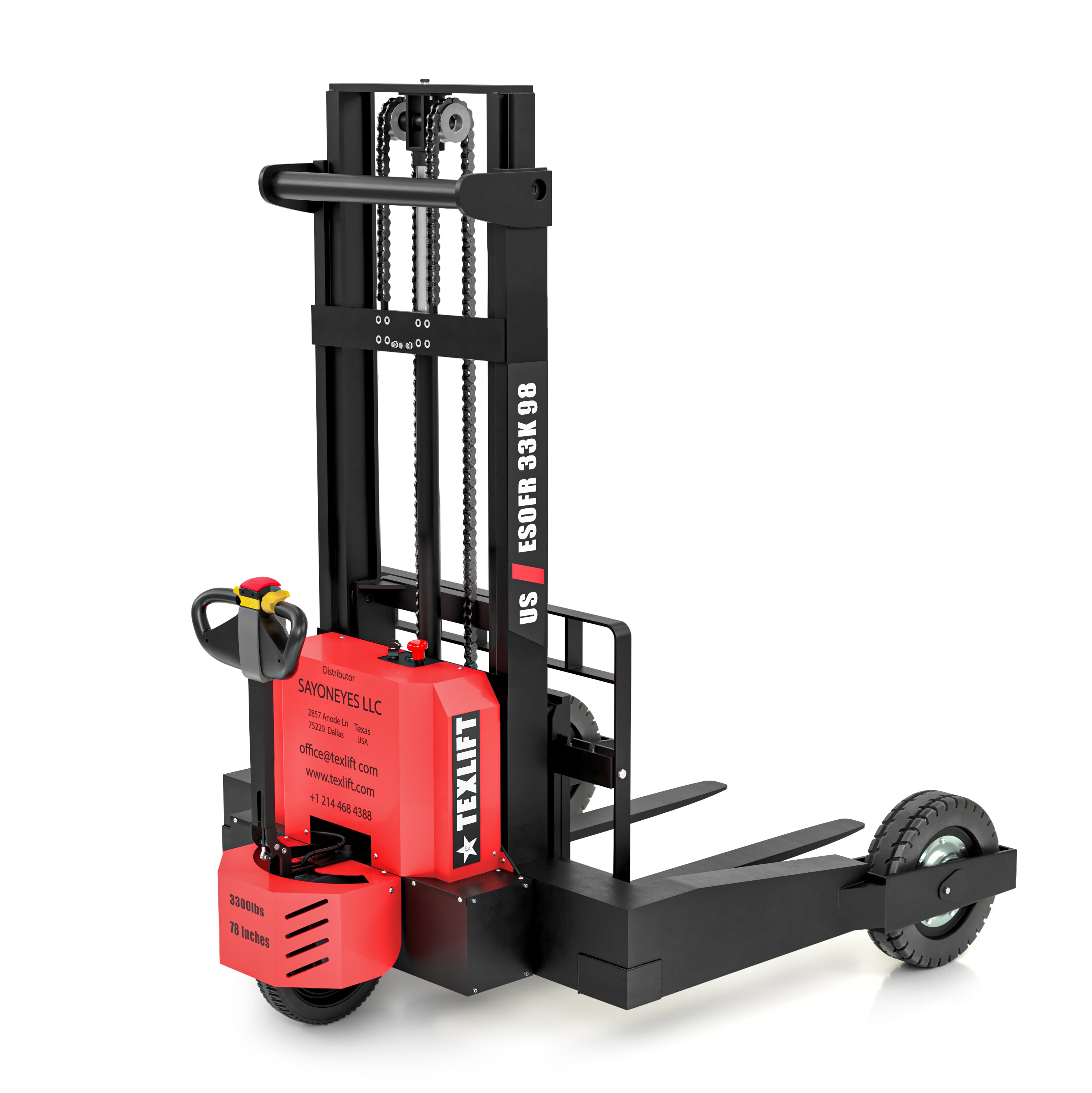 Off-road Electric Pallet Stacker 3300 lb – 98" Lift, Walkie Electric Forklift | US-ESOFR33K 98