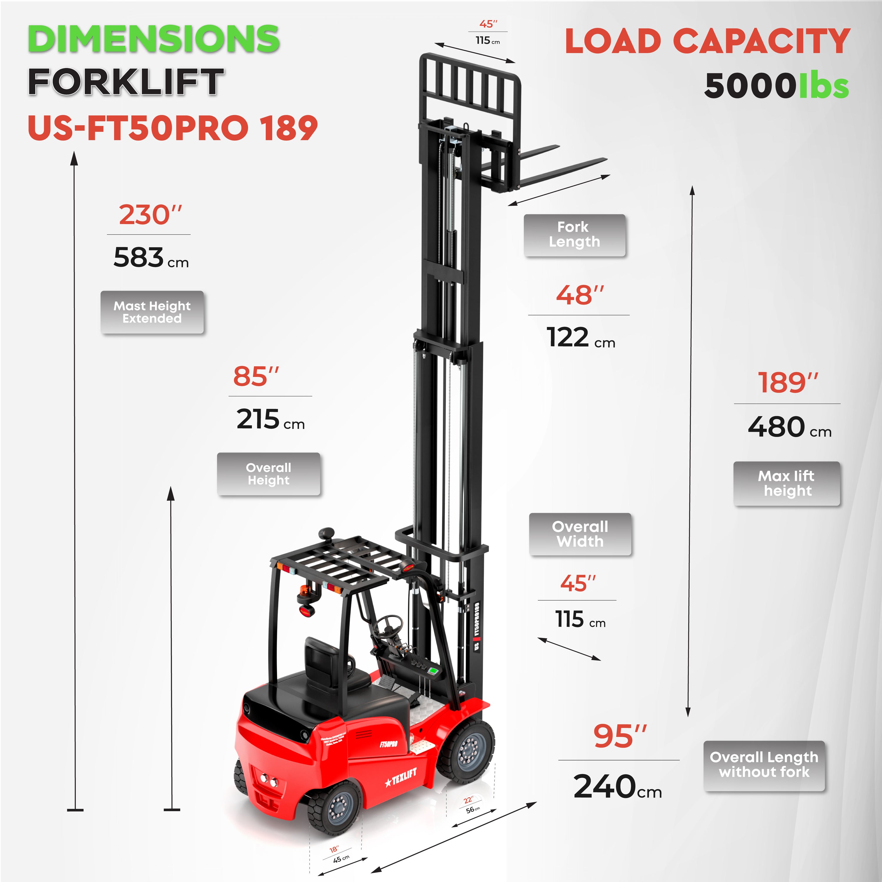 US-FT50PRO 189 Heavy-Duty Electric Forklift with Side Shift – 5,000 lb, 16 ft (189″) 3-Stage Mast