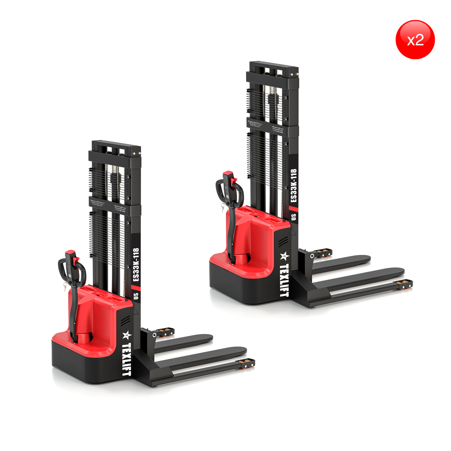 Full Electric Pallet Stacker 2-Pack – 10ft (118 inch) Lift, 3300Lbs Capacity with Adjustable Forks