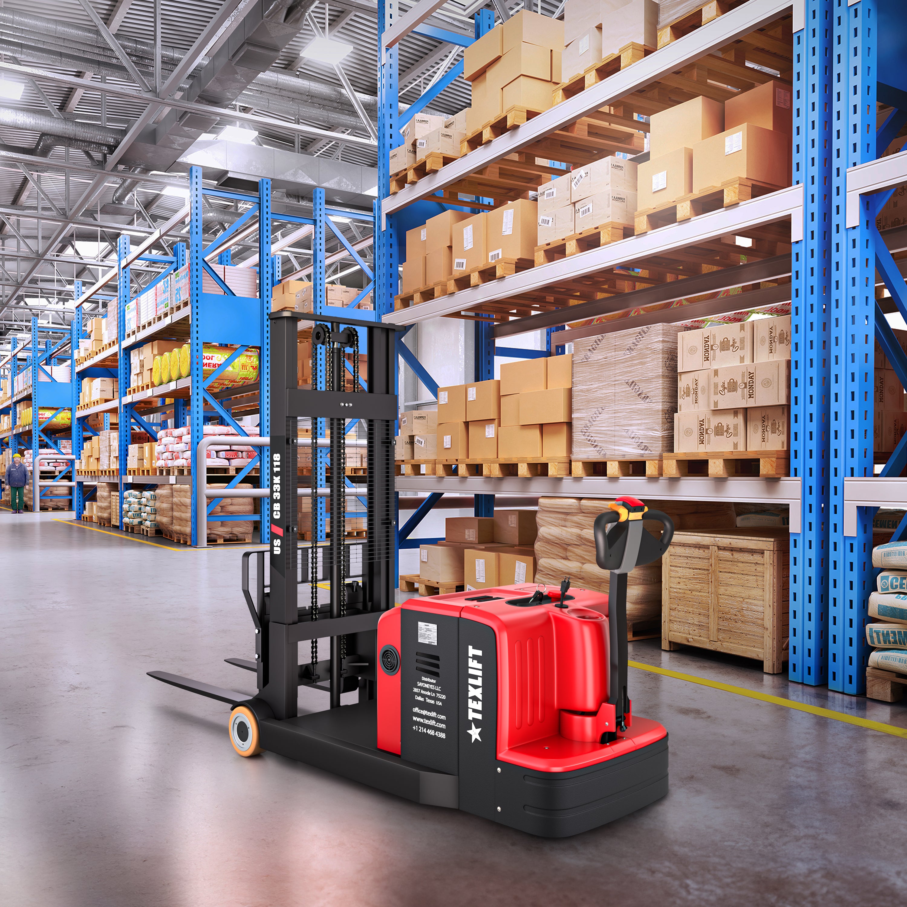 3,300 lb Electric Counterbalance Forklift Stacker – 118" Lift – US-CB33K 118 - TEXLIFT