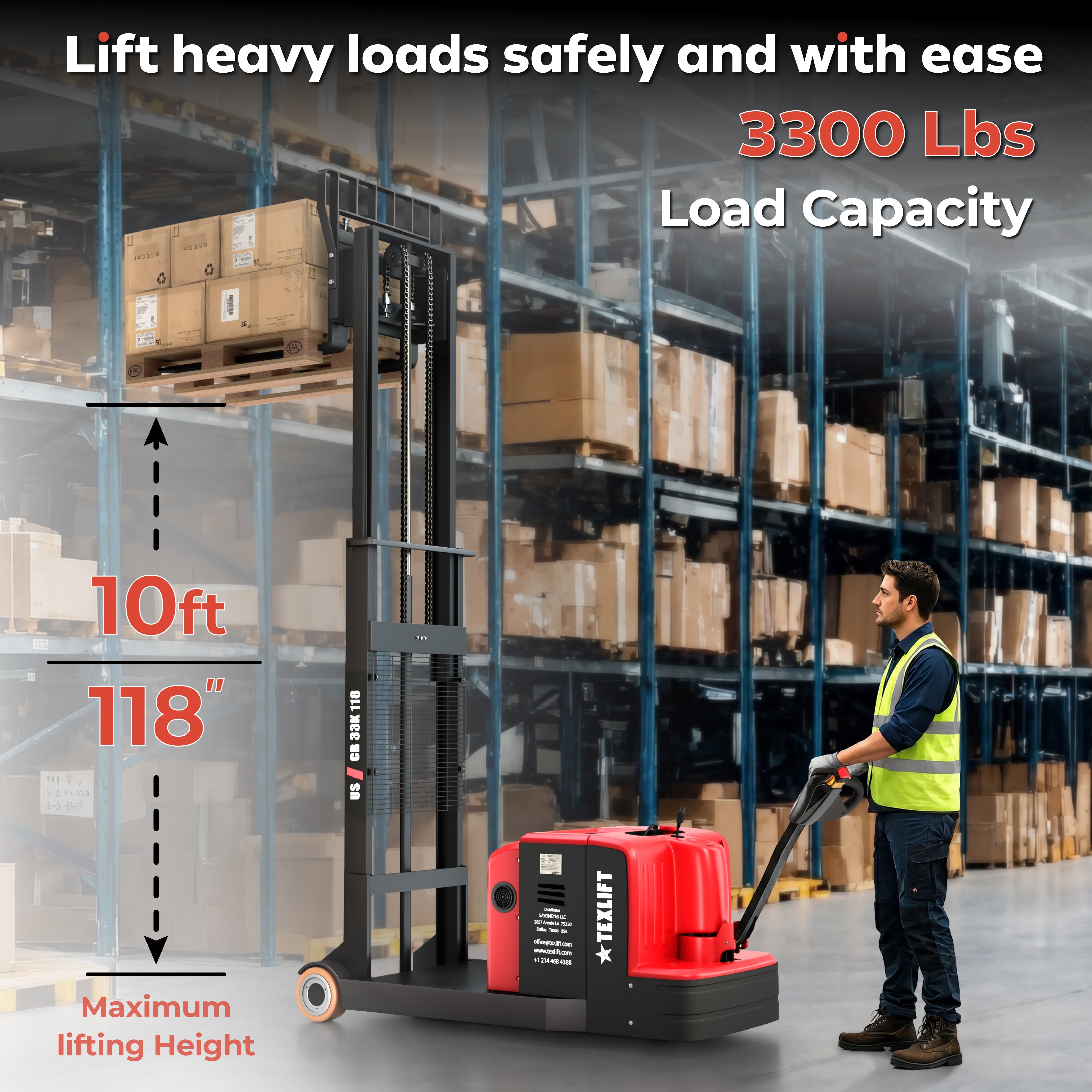 3,300 lb Electric Counterbalance Forklift Stacker – 118" Lift – US-CB33K 118 - TEXLIFT
