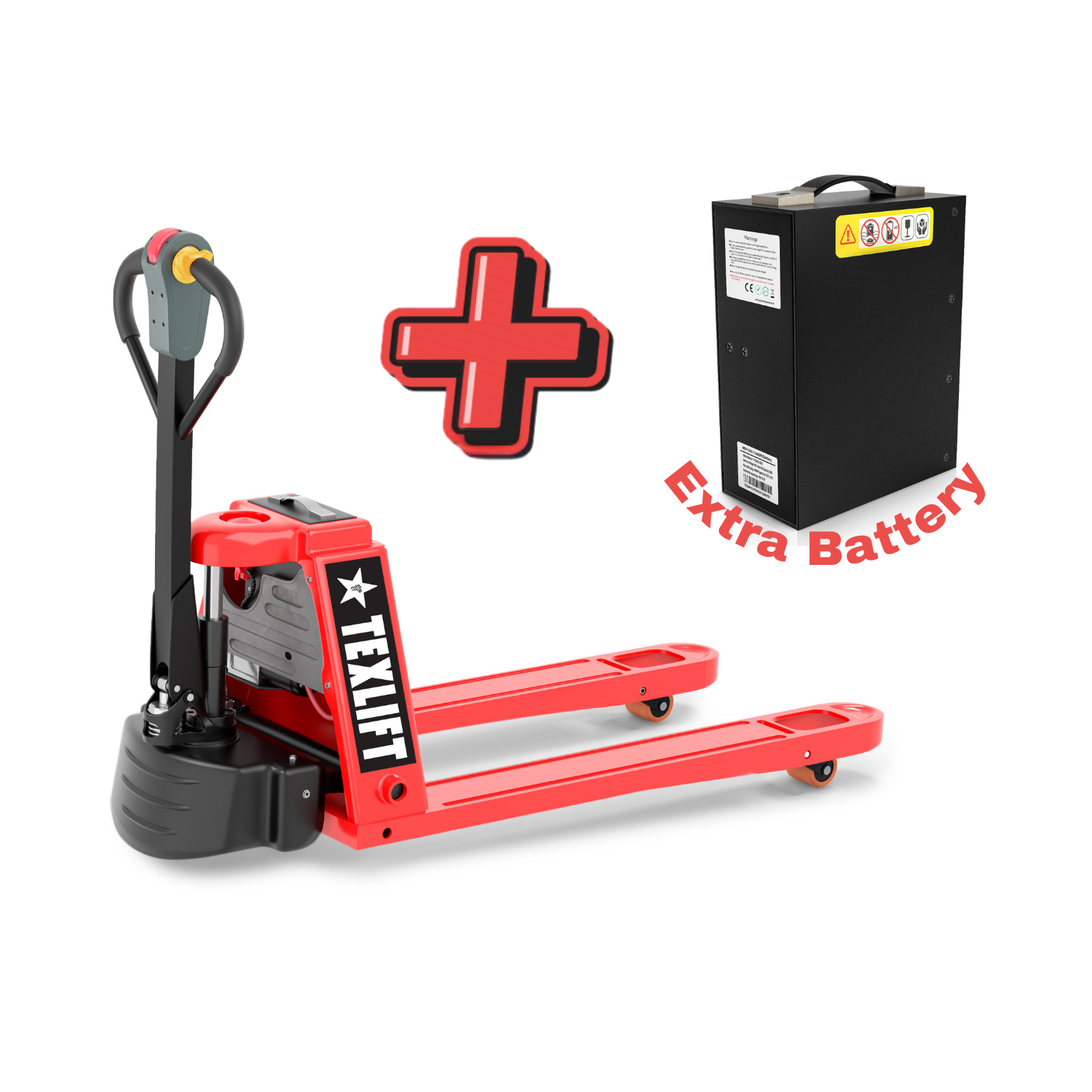 Electric pallet truck in red and black with a smart handle and an extra plug-in 48V/15Ah lithium battery.