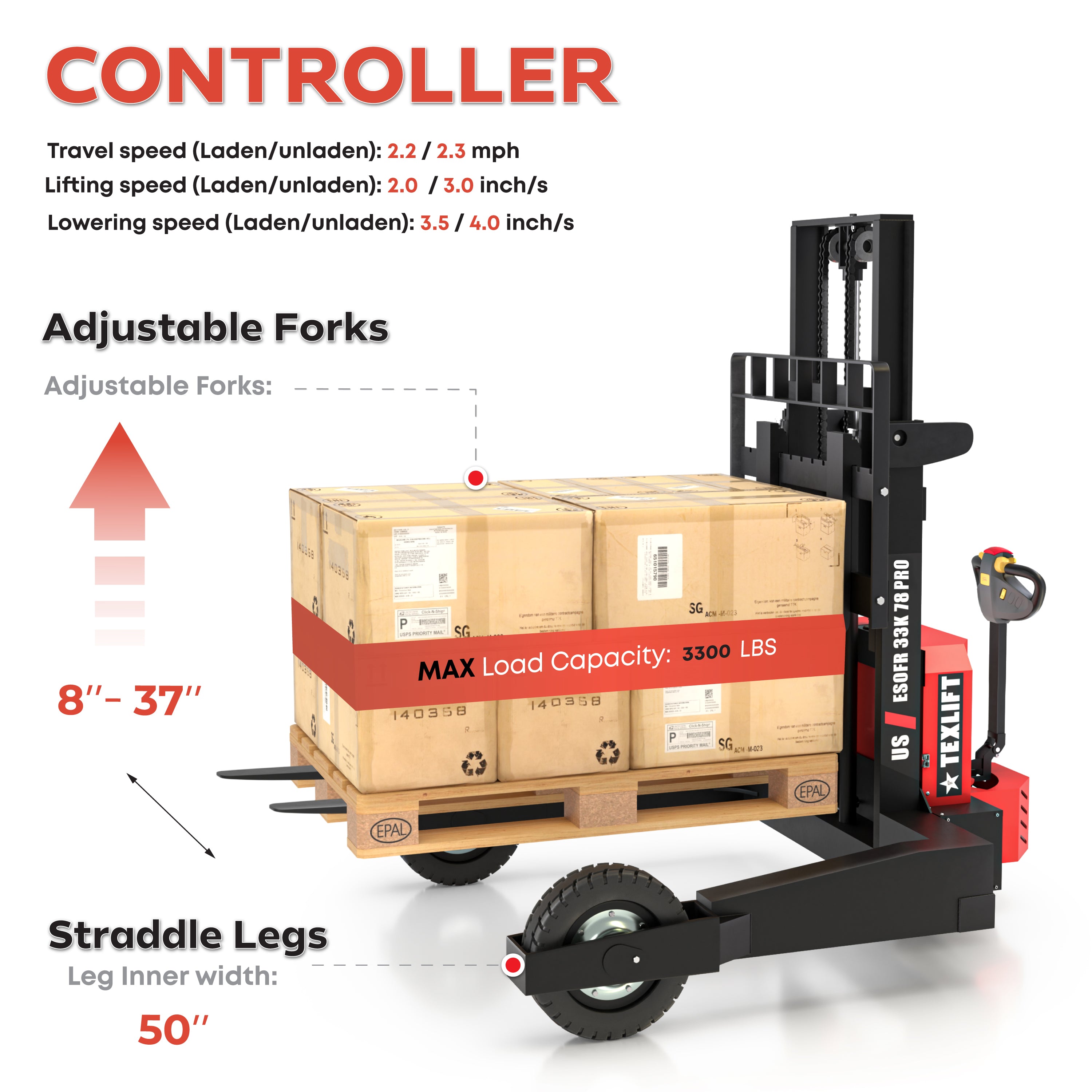 3,300 lb Off-Road Electric Pallet Stacker 7 ft (78 in) Lift | Lithium | US-ESOFR33K 78 PRO