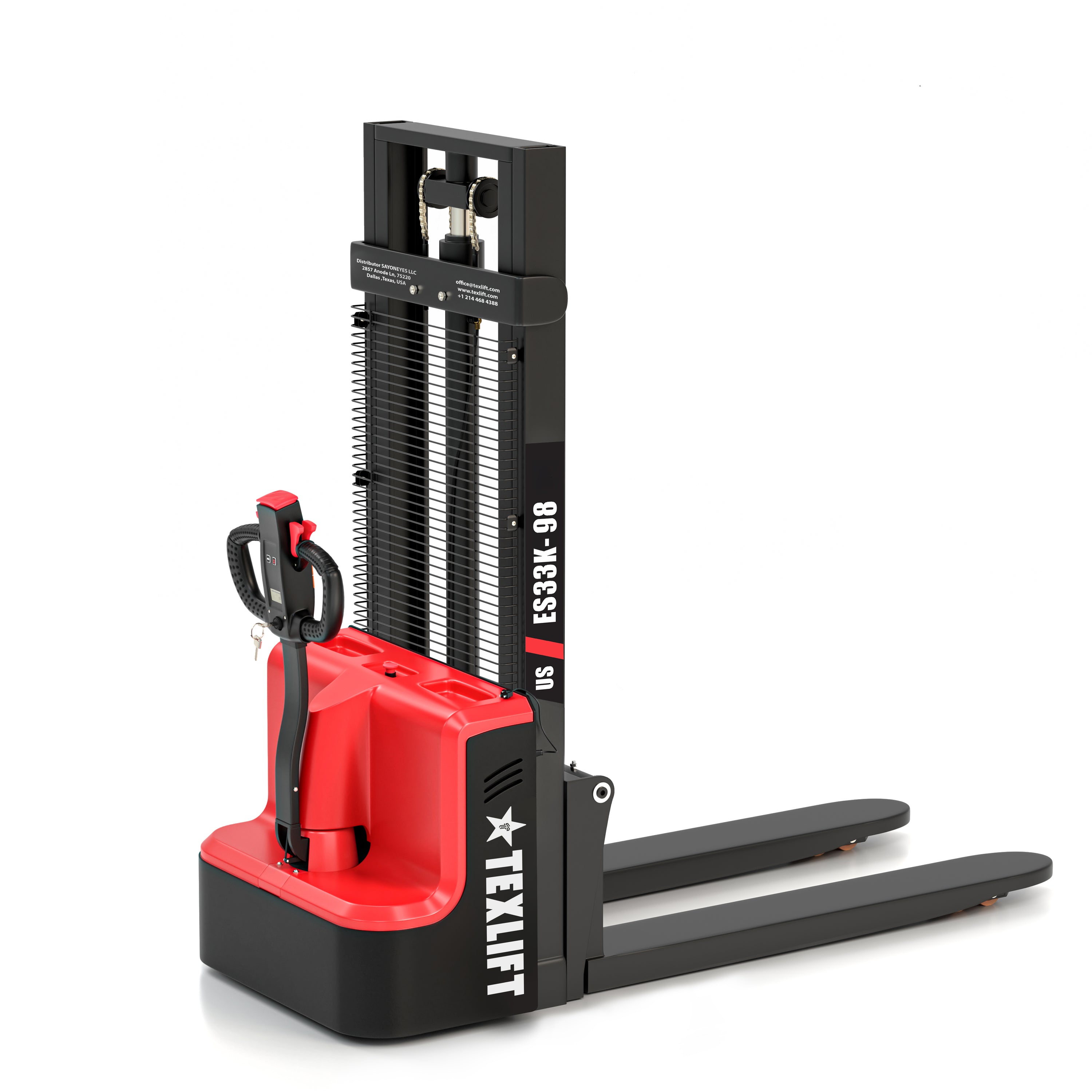 Narrow Electric Stacker – 3,300 lb – 8 ft Lift – Single-Deck & EU Pallets – US-ESN33K 98