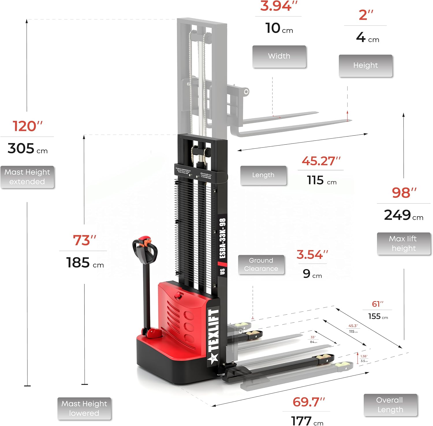 Adjustable Electric Walkie Stacker – 3300Lbs Capacity, 98" Lift Height - TEXLIFT
