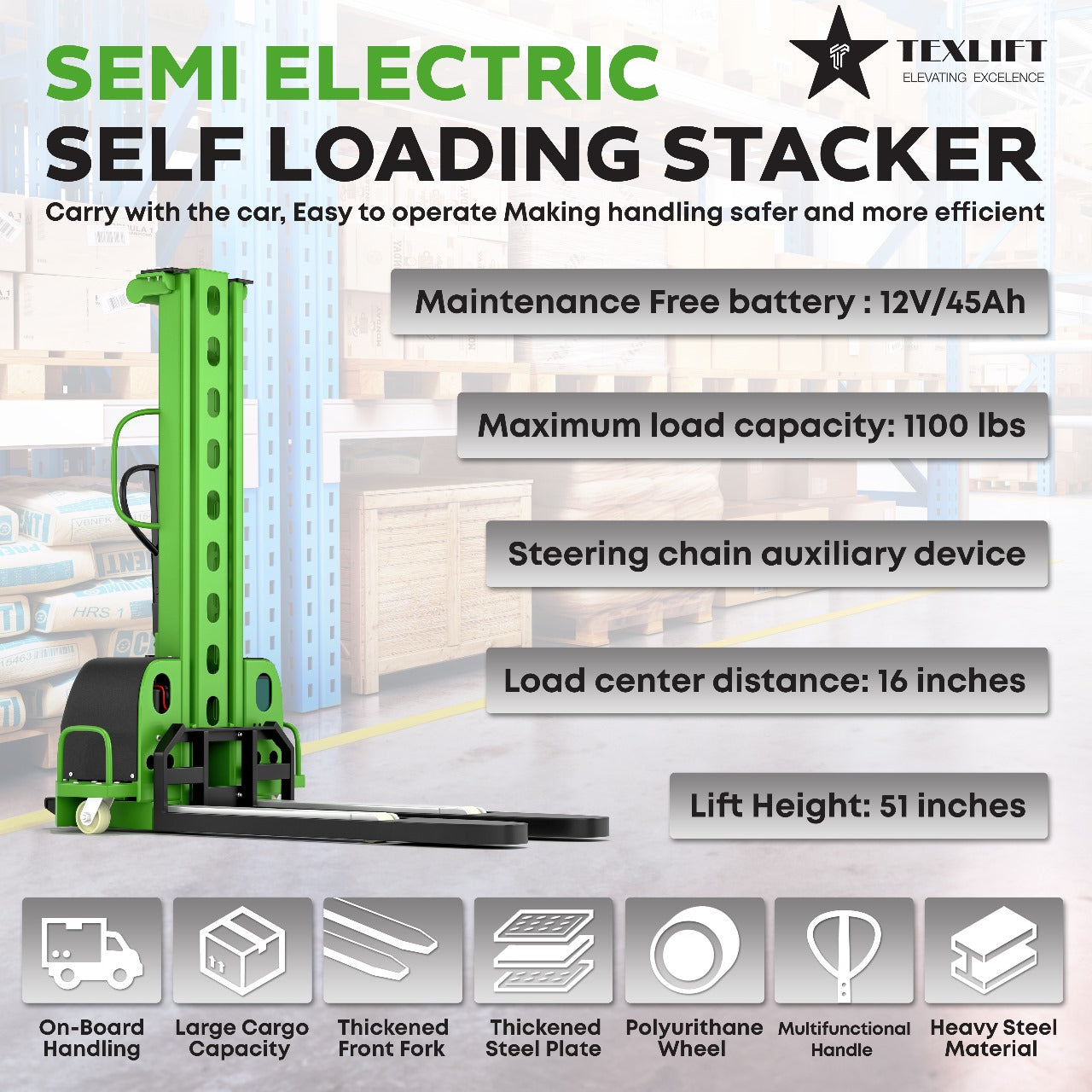 1100 lbs Semi-Electric Self Stacker - Lightweight & Reliable Solution