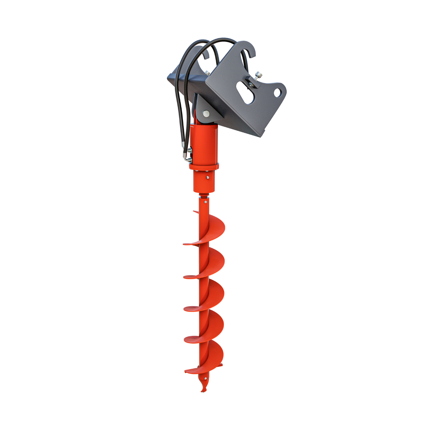 Red auger attachment for electric wheel loaders, featuring a spiral digging tool attached to a mounting plate.