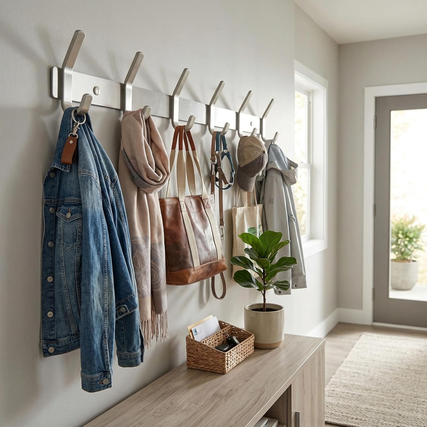 2 Pack Wall Mounted Coat Rack – 6 Heavy-Duty Hooks – Silver Stainless Steel