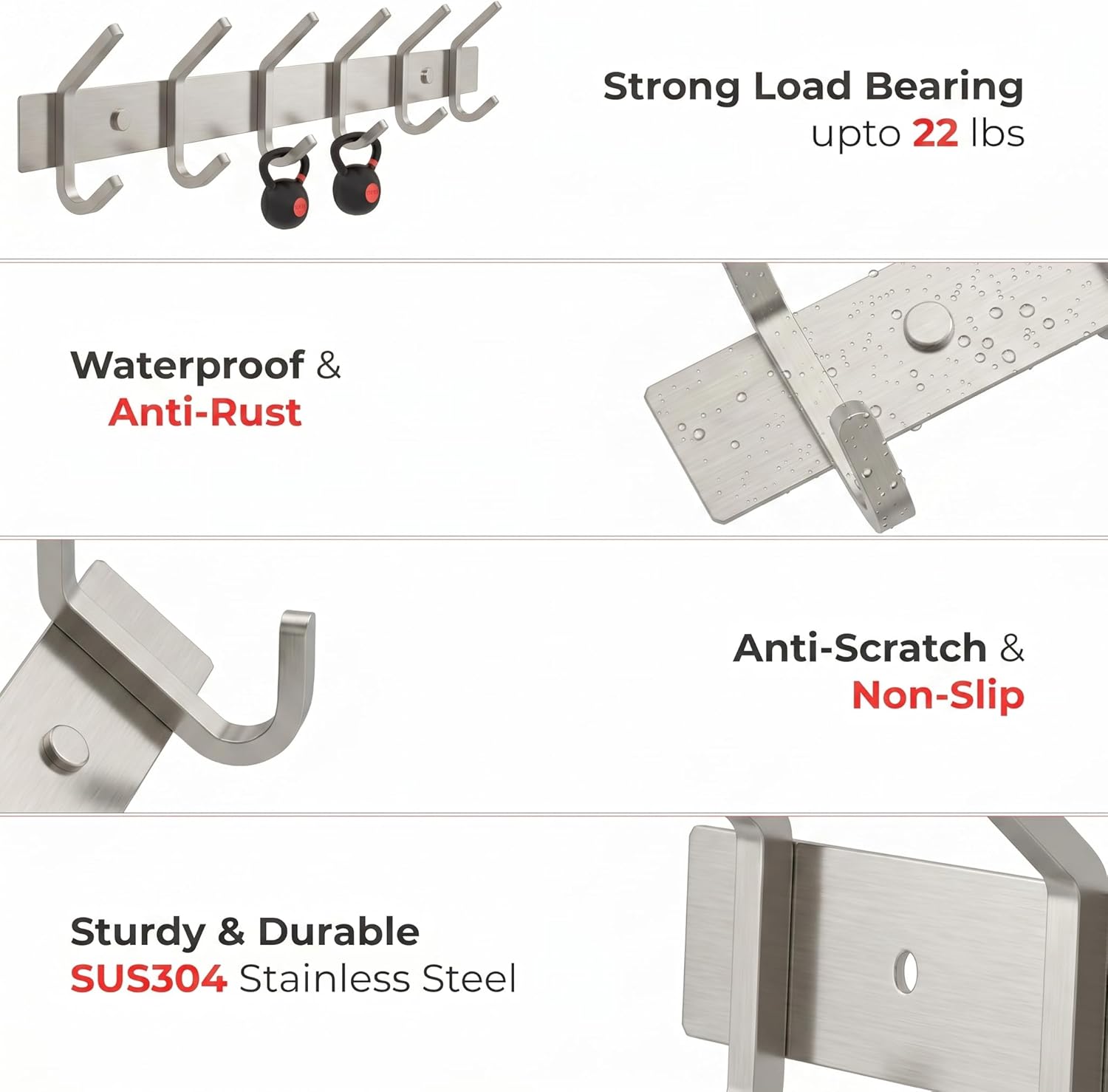 2 Pack Wall Mounted Coat Rack – 6 Heavy-Duty Hooks – Silver Stainless Steel
