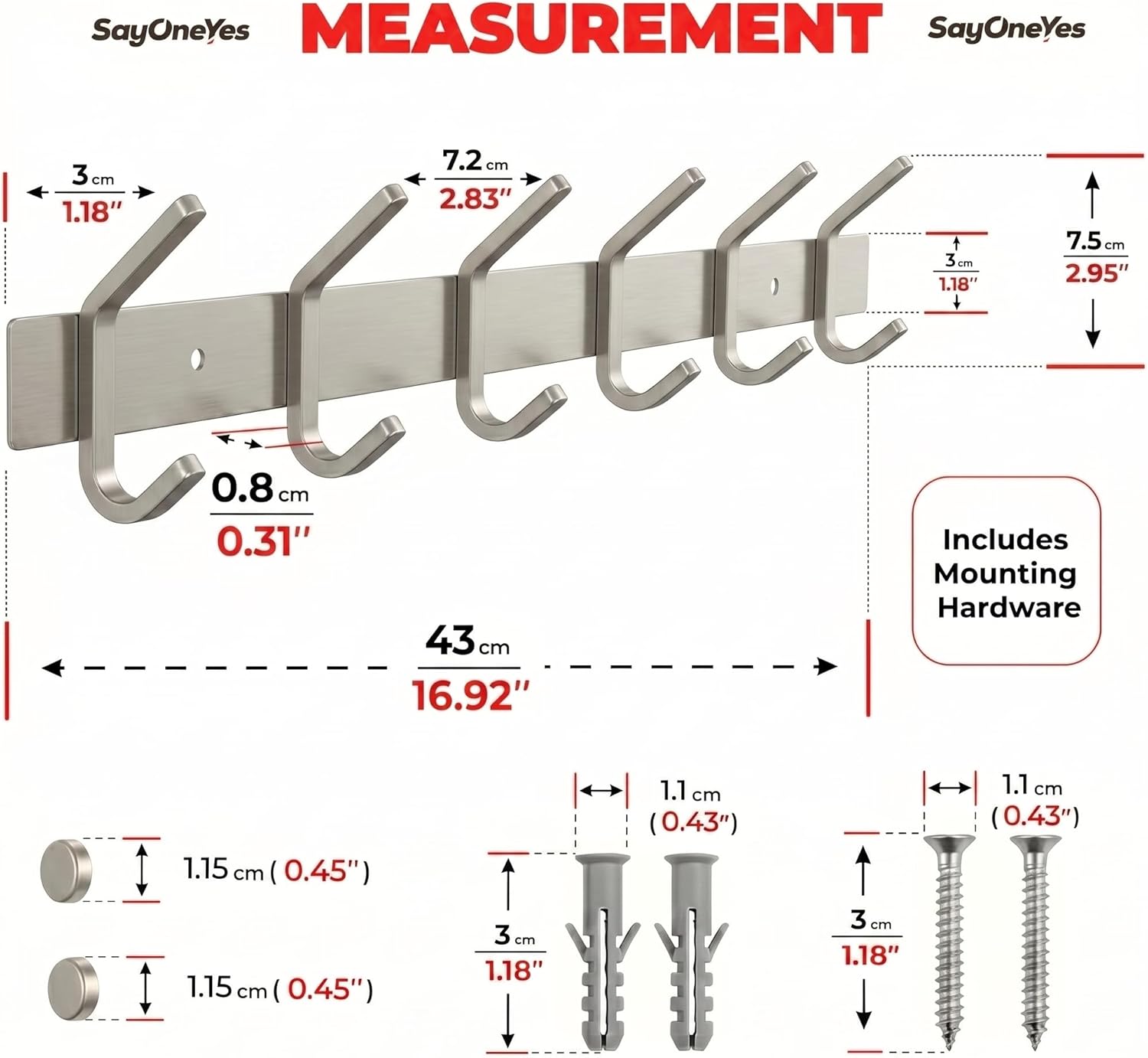 2 Pack Wall Mounted Coat Rack – 6 Heavy-Duty Hooks – Silver Stainless Steel