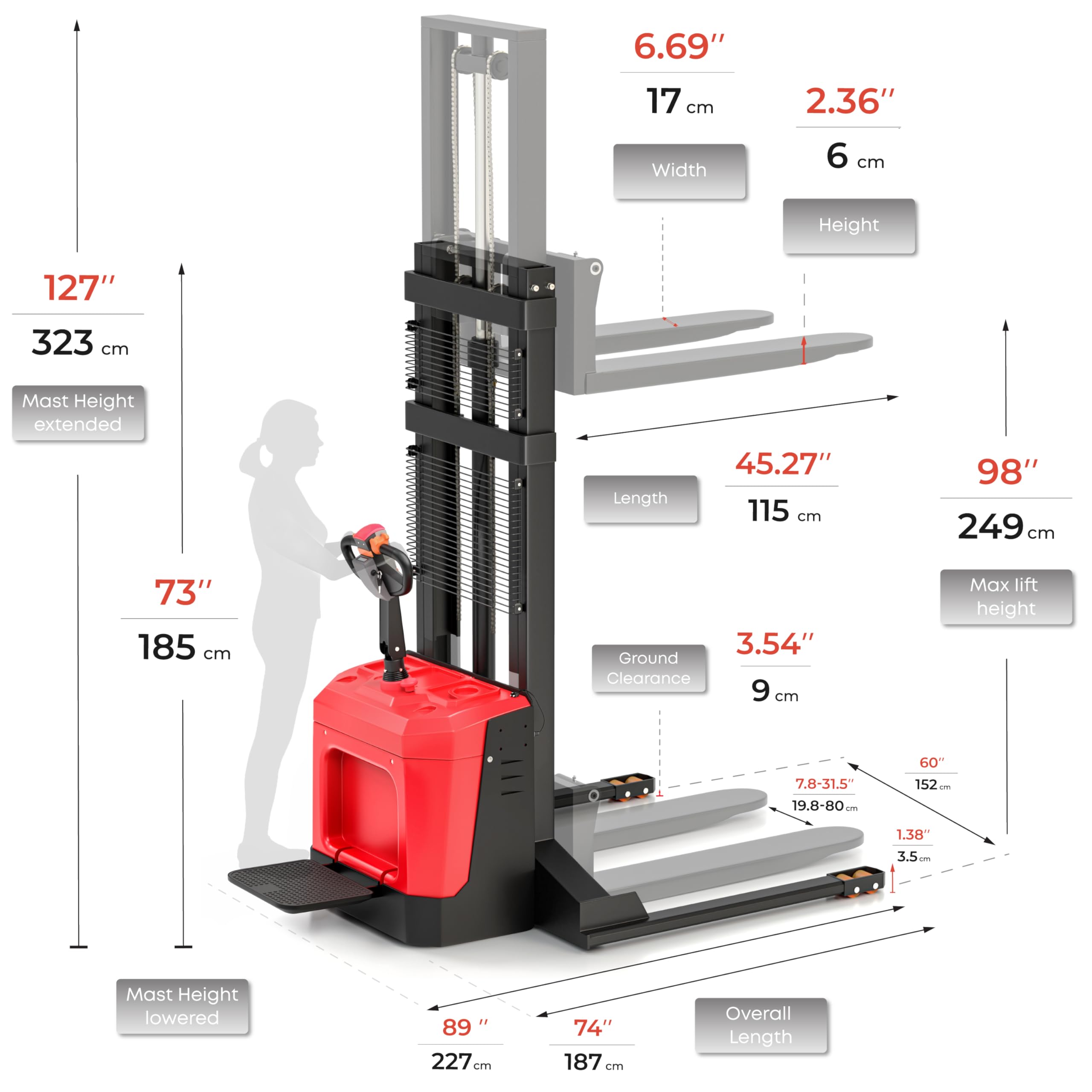 Full Electric Stand-On Walkie Stacker – 3300 LBS Capacity, 98" Lift, Fixed Legs
