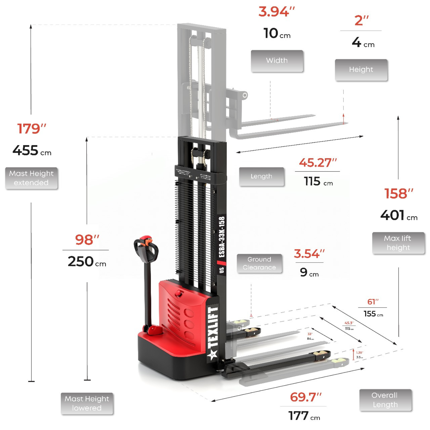 Texlift Full Electric Stacker – 3,300 lbs Capacity with Adjustable Forks, Ideal for Warehouse Lifting and Stacking