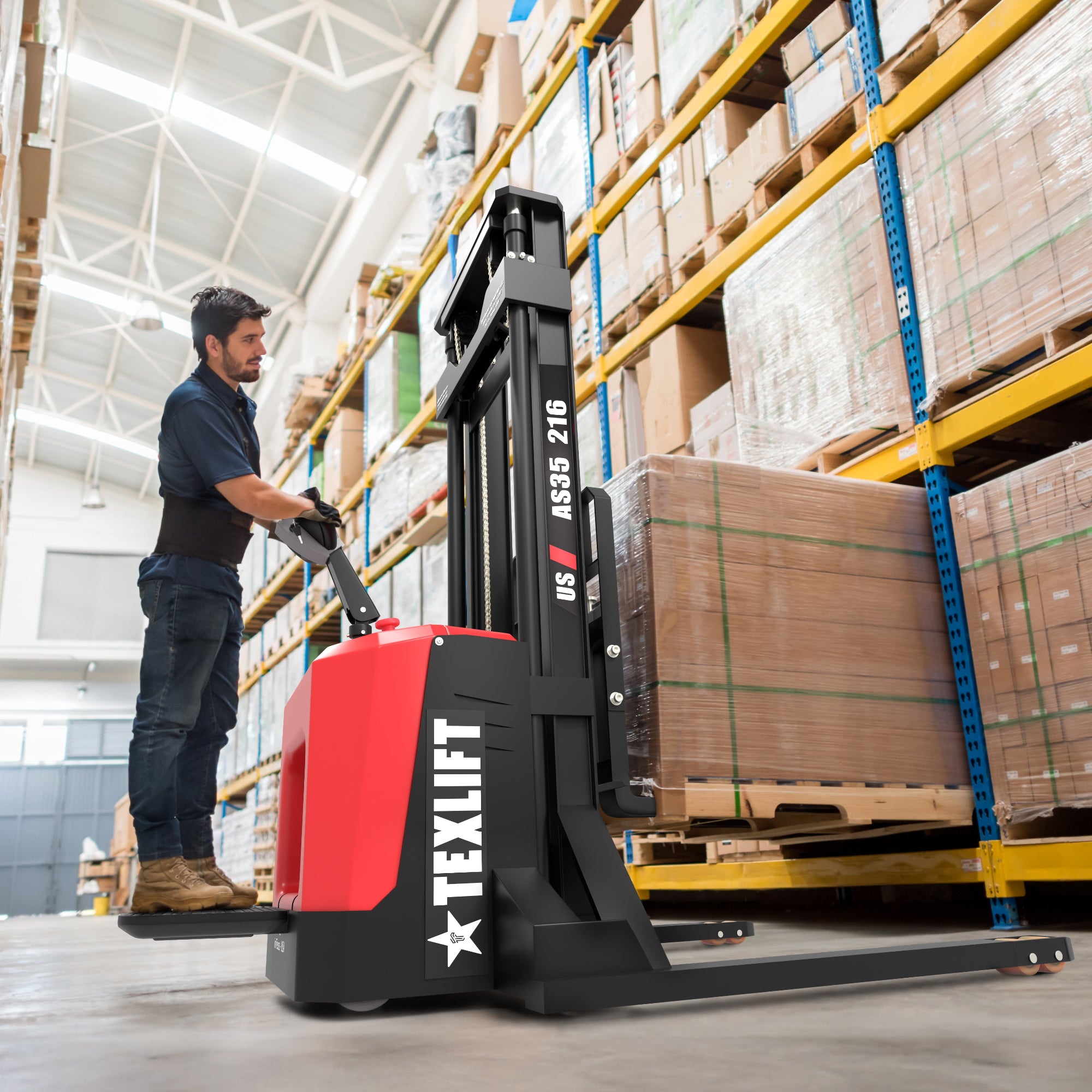 Electric Pallet Stacker Rider Type – 18ft (216 inch) Lift, 3300 lbs, Model US-AS35 216 - TEXLIFT