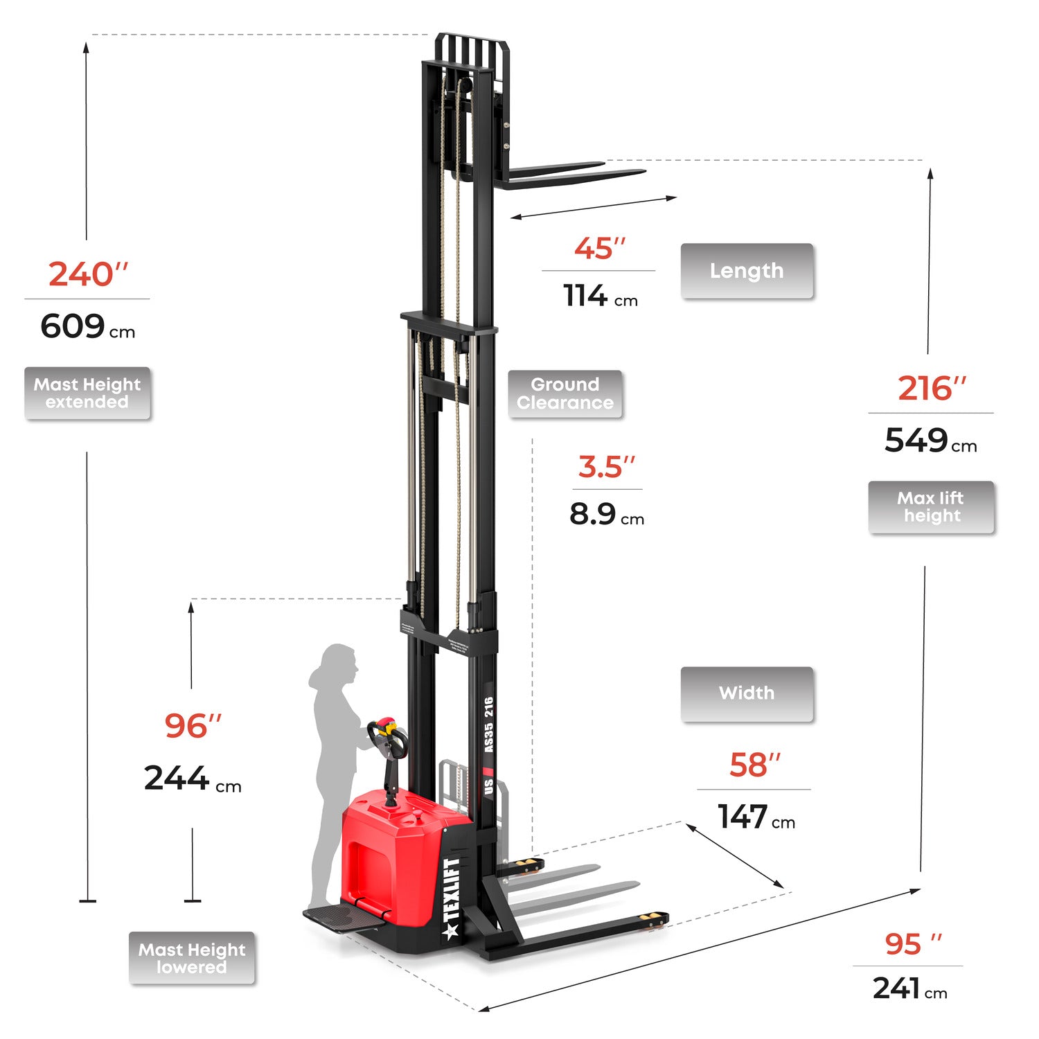 Forklift with detailed measurements on a white background