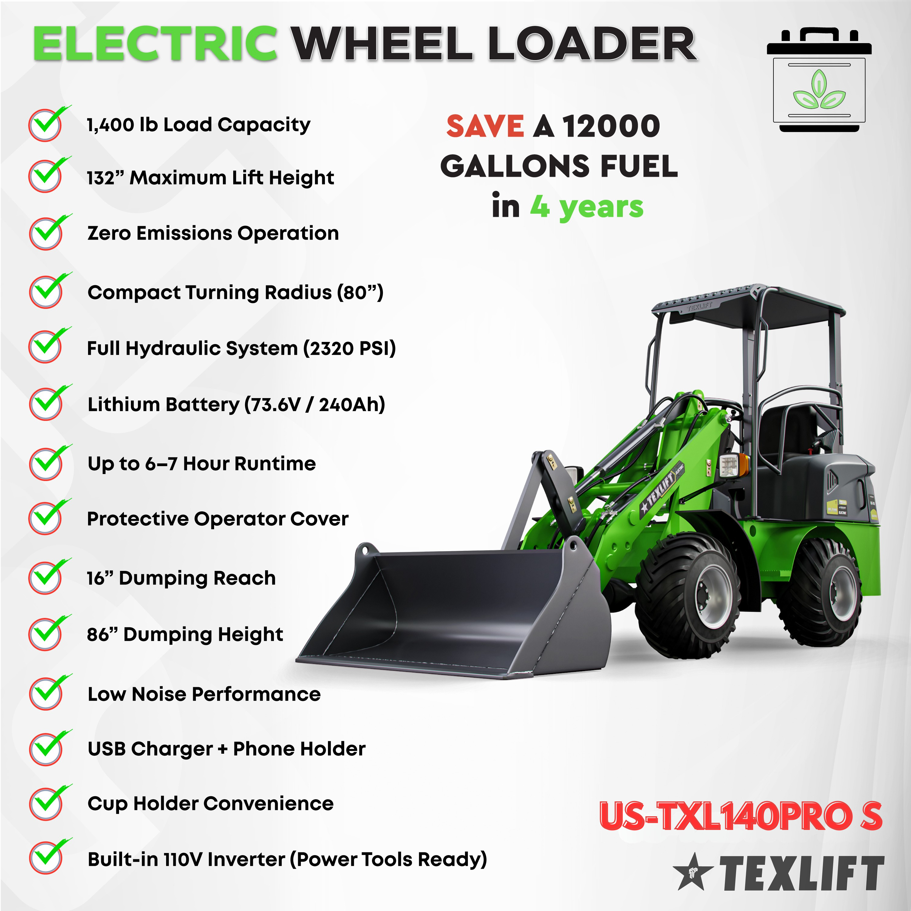 Electric Wheel Loader US-TXL140PRO S – 1,400 lb Capacity, 132″ Lift, Inverter Model - TEXLIFT