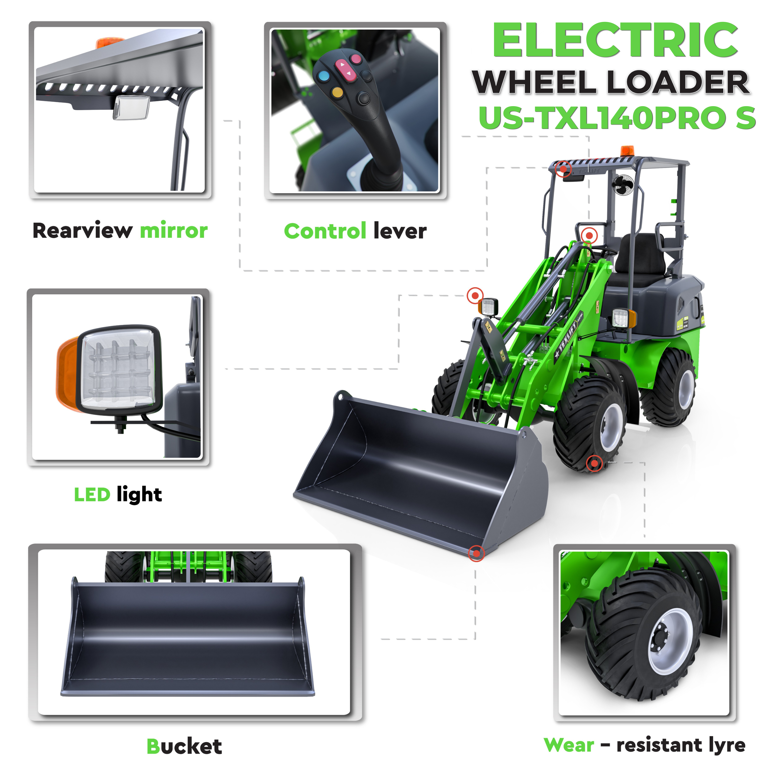Electric Wheel Loader US-TXL140PRO S – 1,400 lb Capacity, 132″ Lift, Inverter Model - TEXLIFT