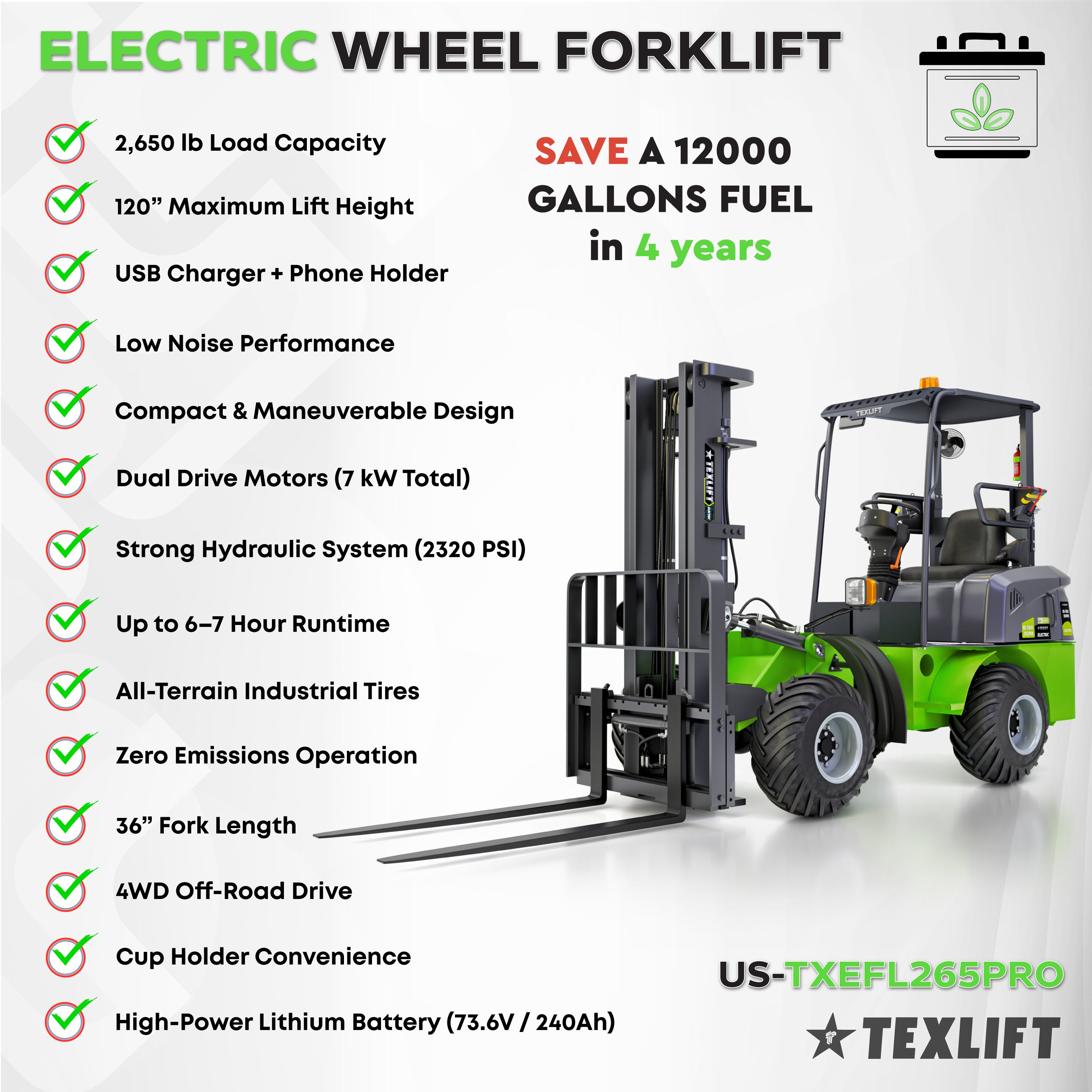Electric Wheel Offroad Forklift – US-TXEFL265PRO (2,650 lb Capacity, 4WD, Lithium Battery) - TEXLIFT