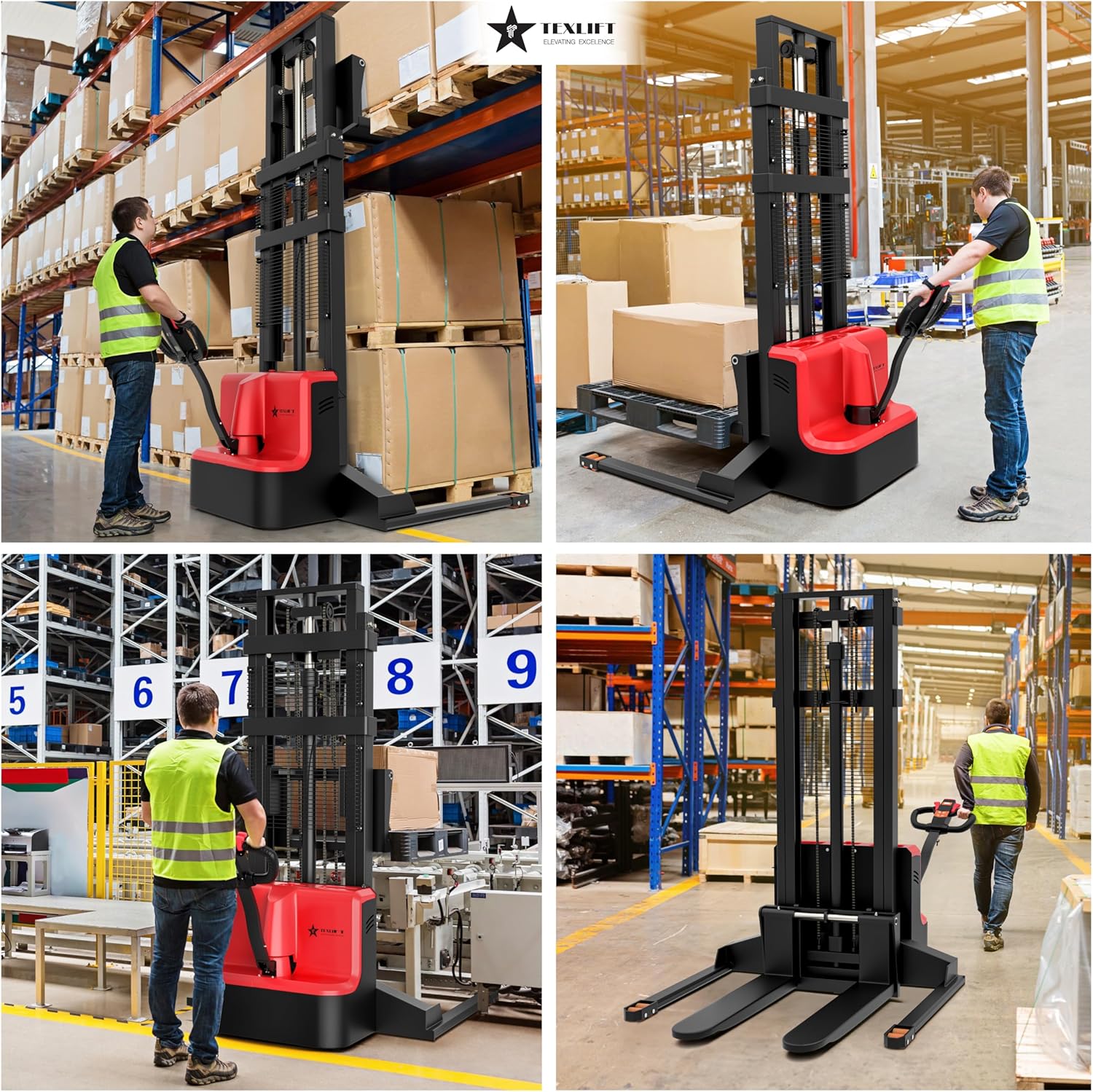 A full view of two TEXLIFT electric pallet stackers with fixed straddle legs, showcasing their high-performance lifting mechanism and durable design, ideal for material handling tasks in modern warehouses.