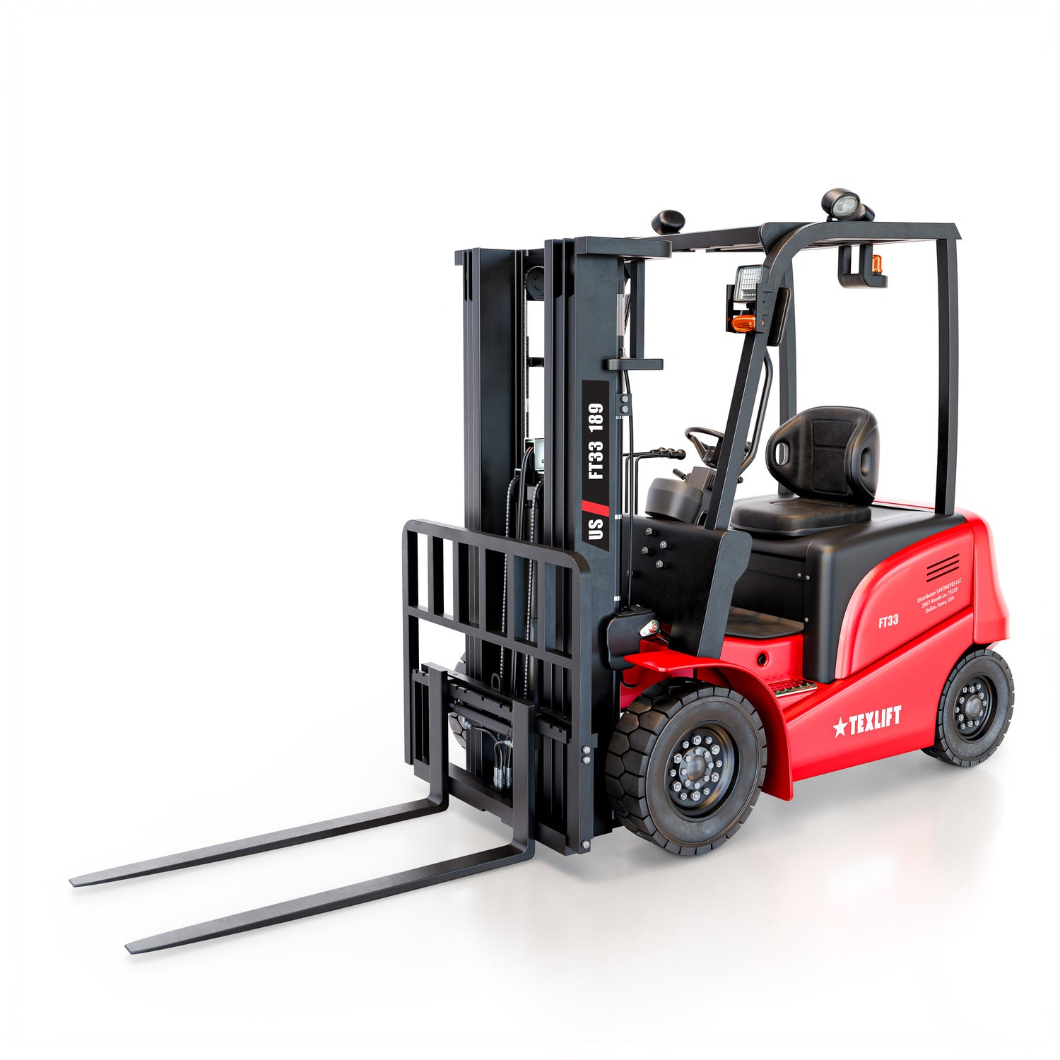 Red and black forklift on a white background