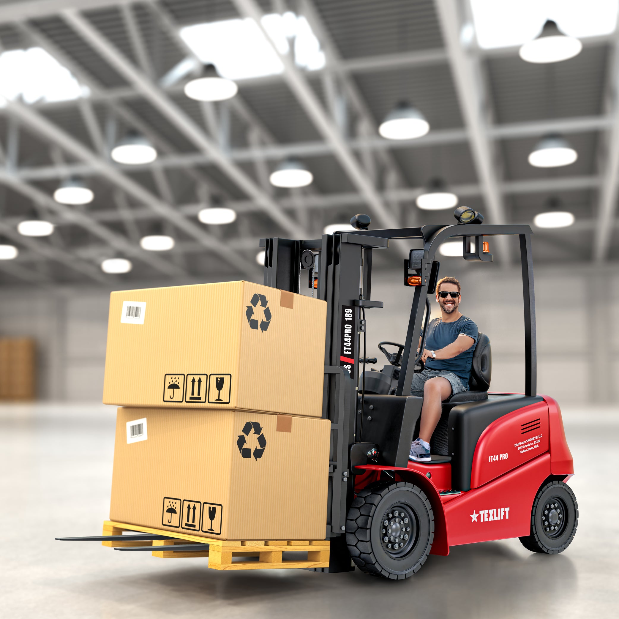 Man operating a red forklift with cardboard boxes in a warehouse.