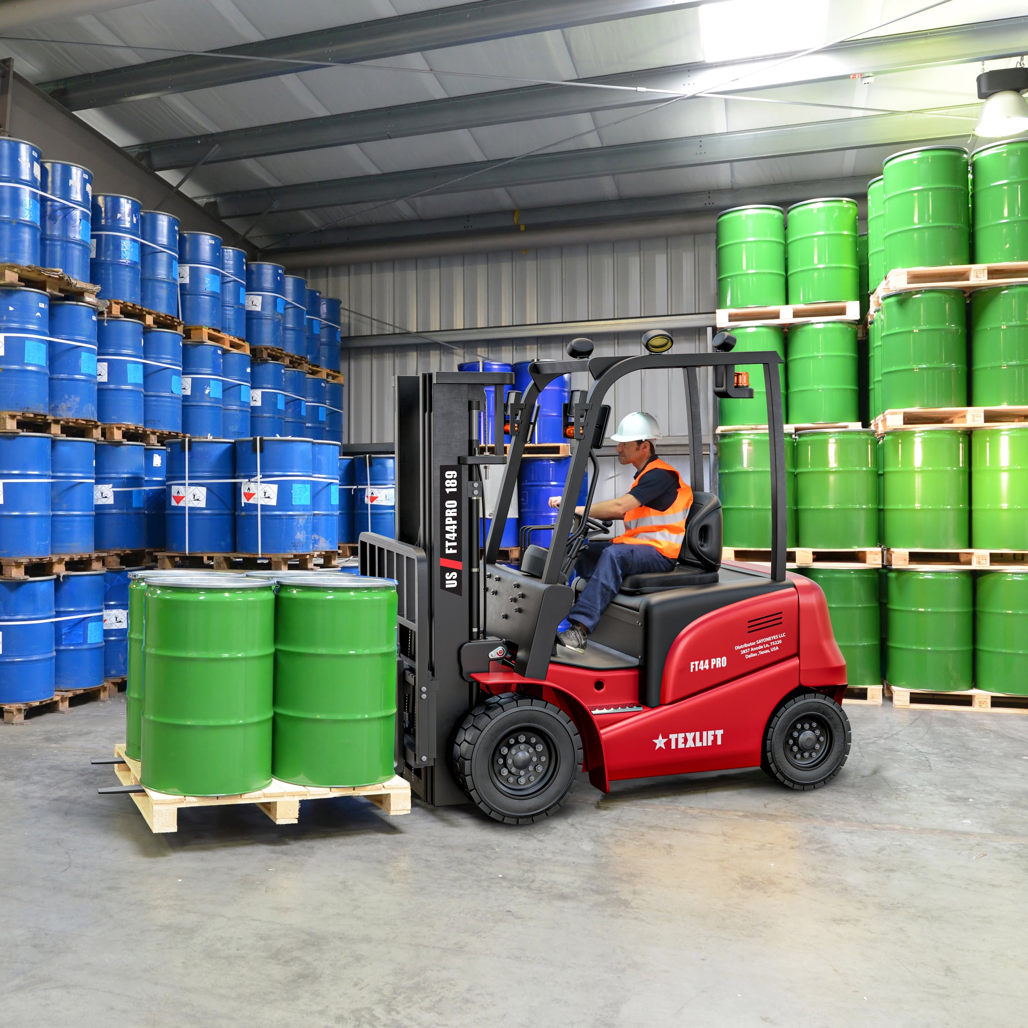 Person operating a red forklift in a warehouse with green and blue barrels.