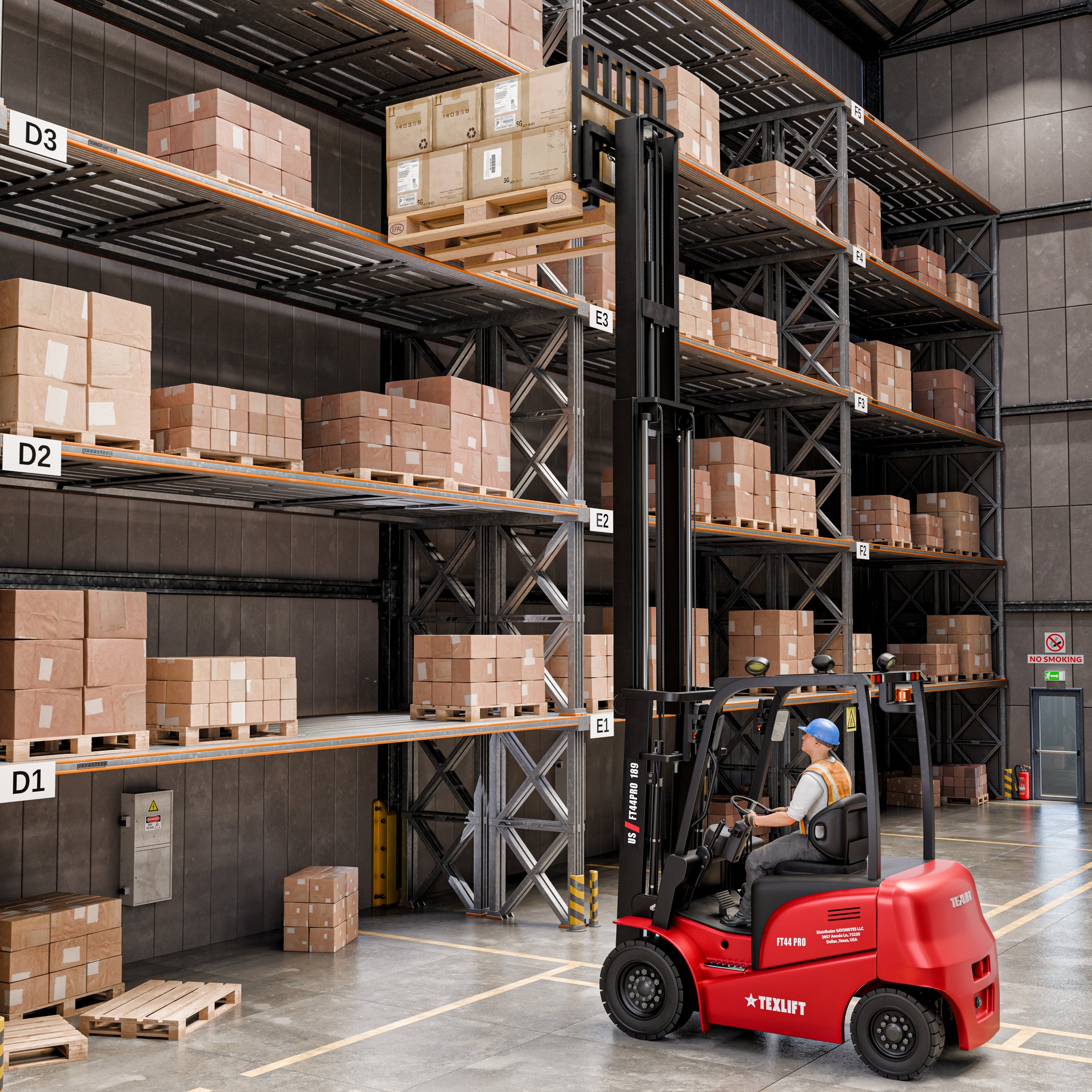 Forklift in a warehouse with shelves stocked with boxes