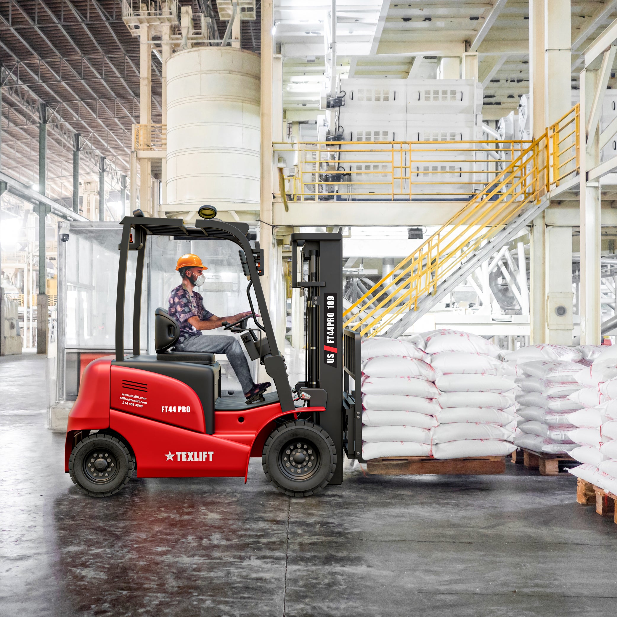 Red forklift in a warehouse with a worker operating it, surrounded by stacked white bags.