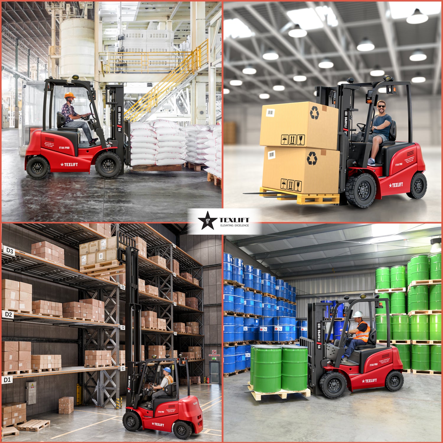 Collage of forklifts in a warehouse with 'Yale' branding.