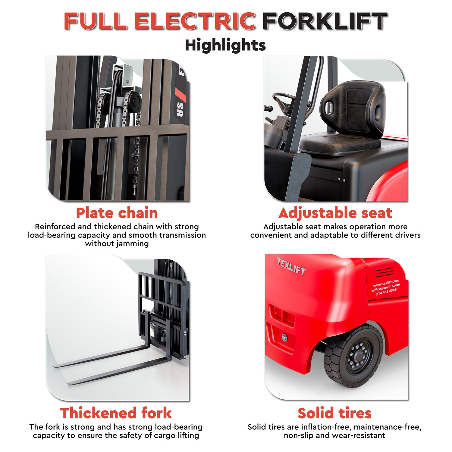 Promotional image of a full electric forklift with features highlighted.