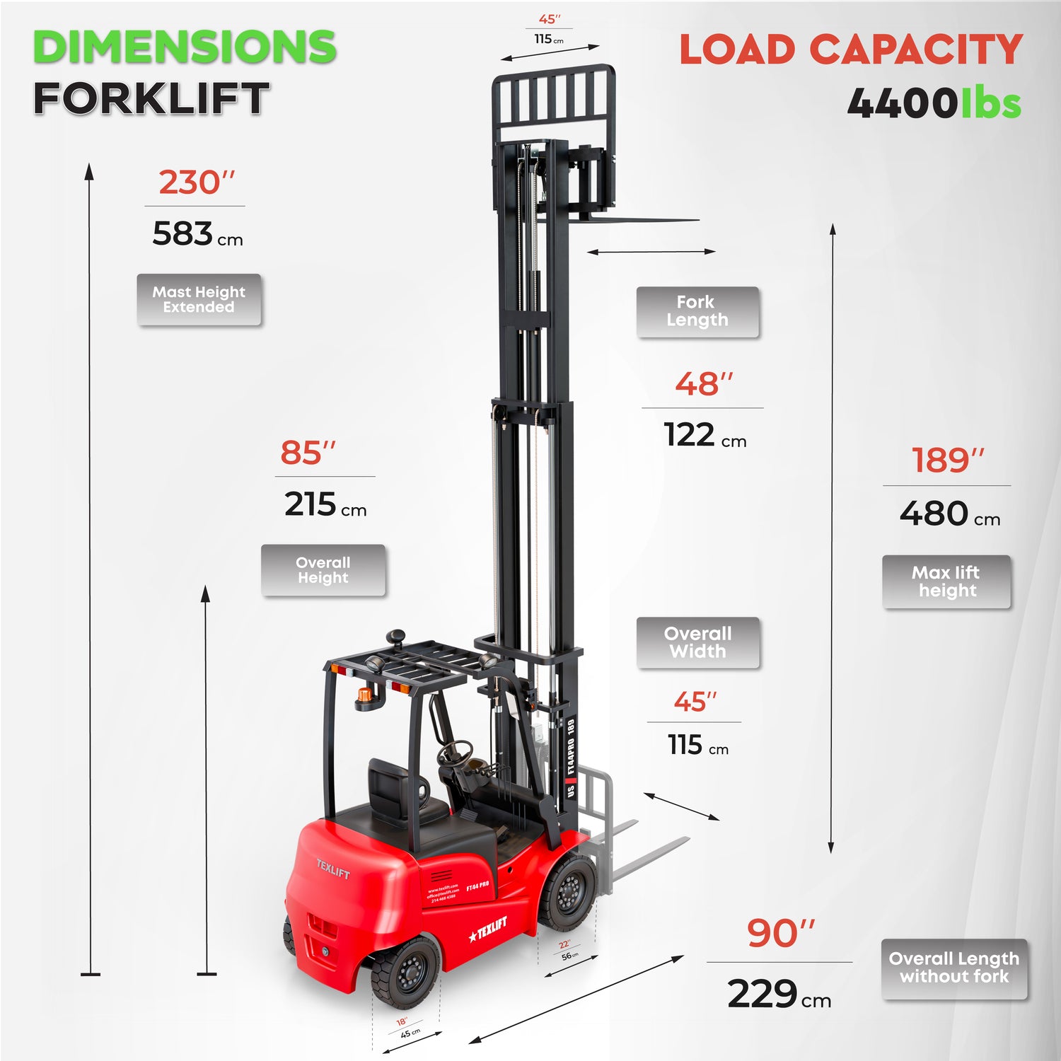 Forklift dimensions and load capacity chart with measurements in inches and centimeters.